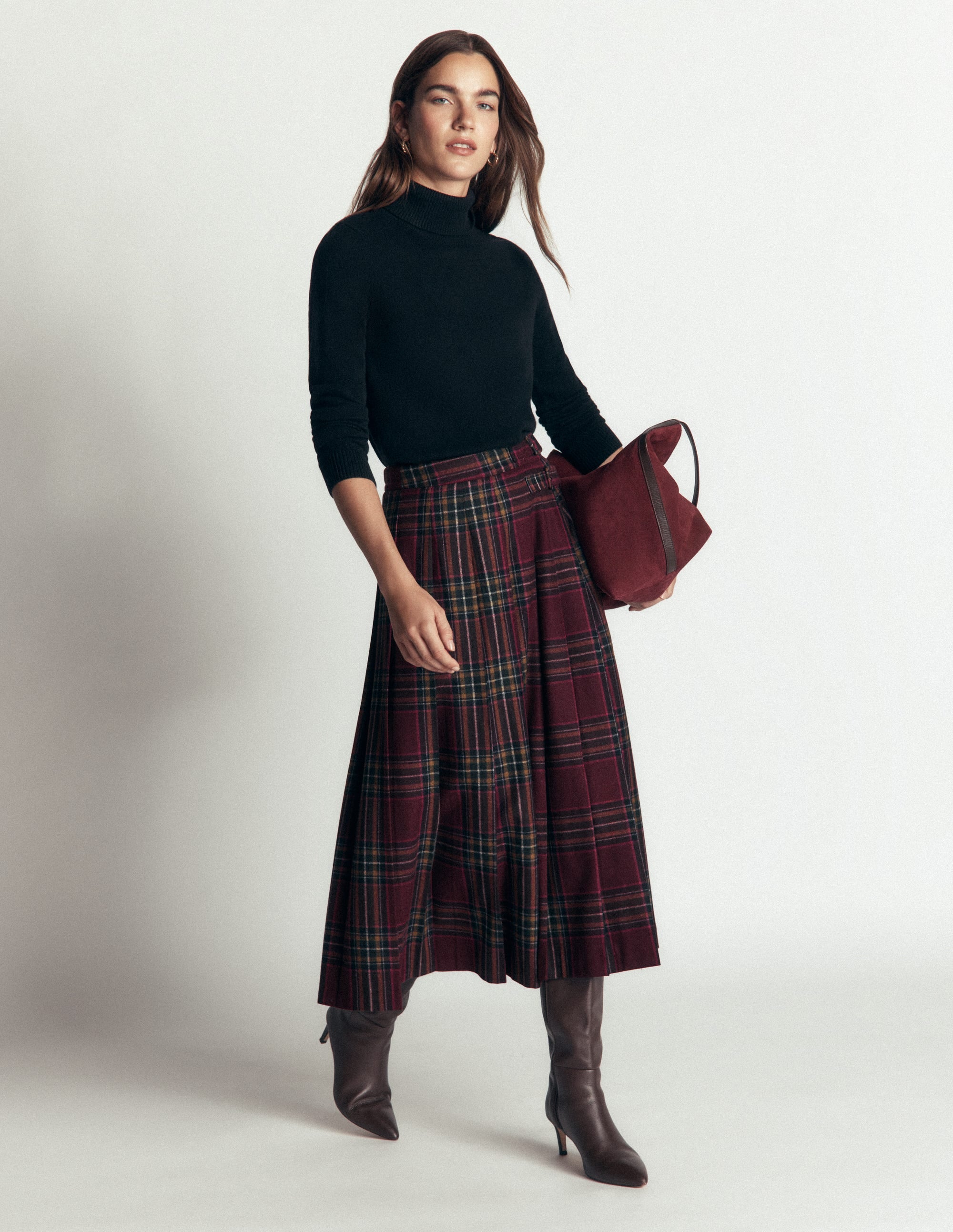 Pleated Midi Kilt-Maroon And Olive Check - Image 4