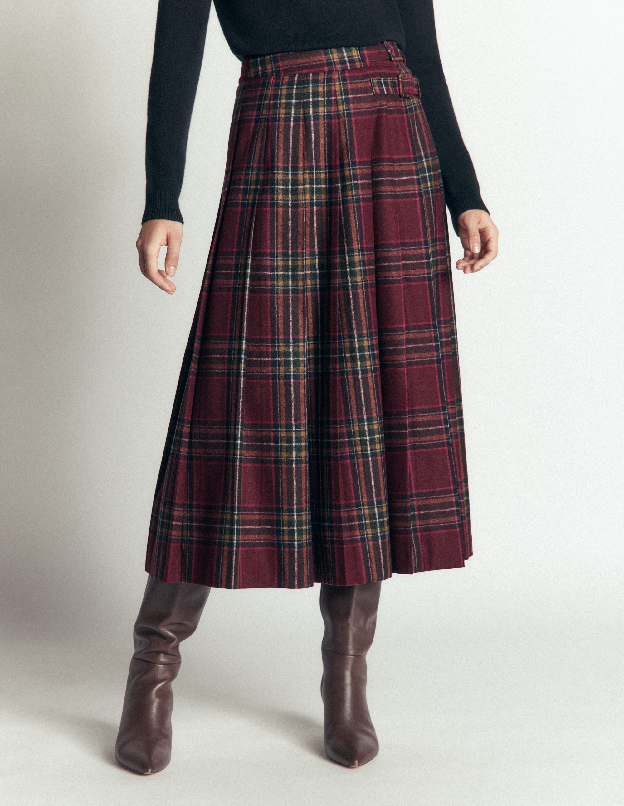 Pleated Midi Kilt-Maroon And Olive Check - Image 5