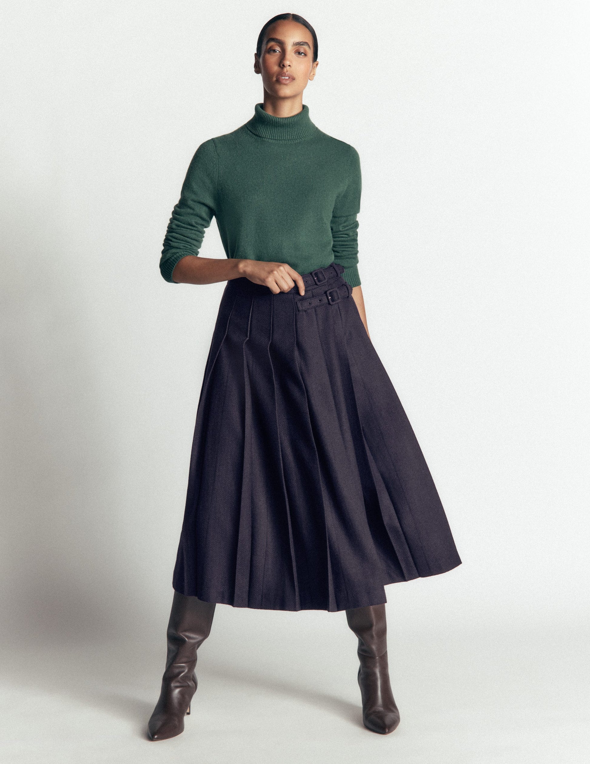 Pleated Midi Kilt-Navy Herringbone-1