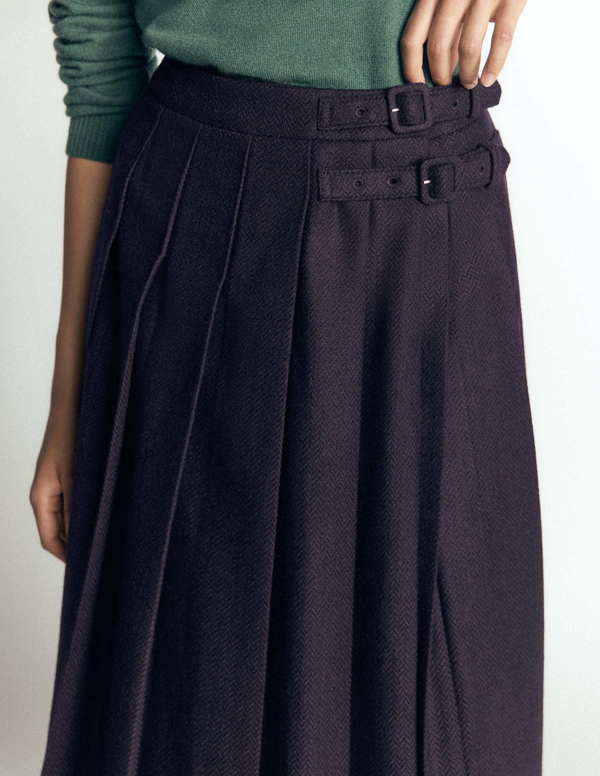 Pleated Midi Kilt-Navy Herringbone-2
