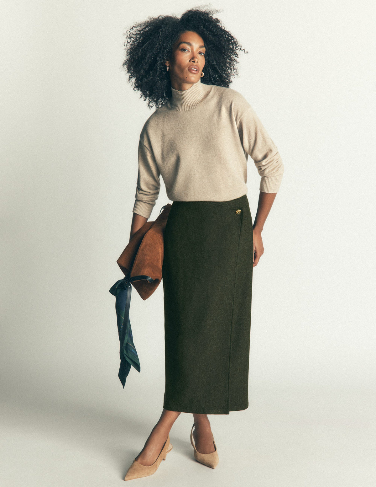 Column Wrap Skirt-Olive Herringbone - Image 1