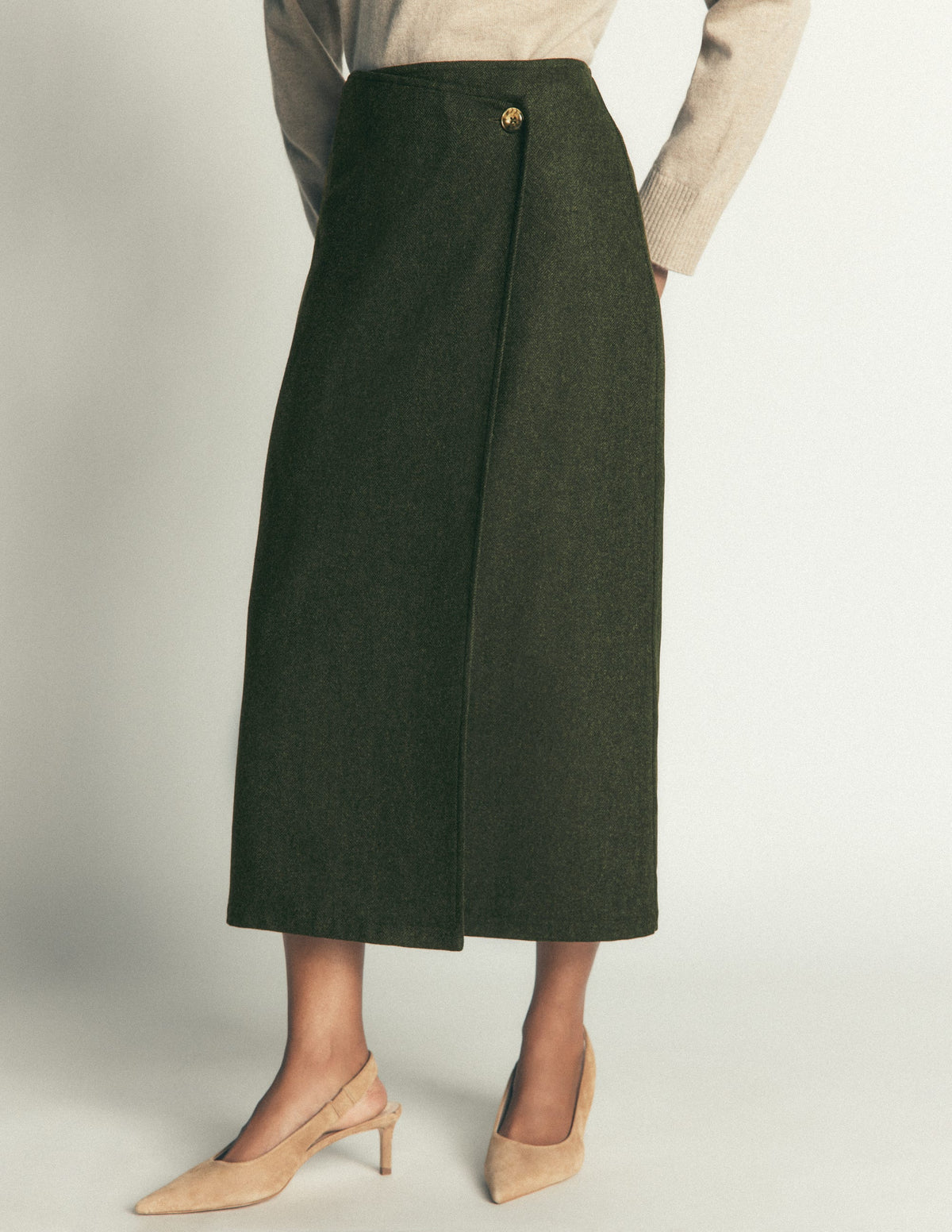 Column Wrap Skirt-Olive Herringbone - Image 4
