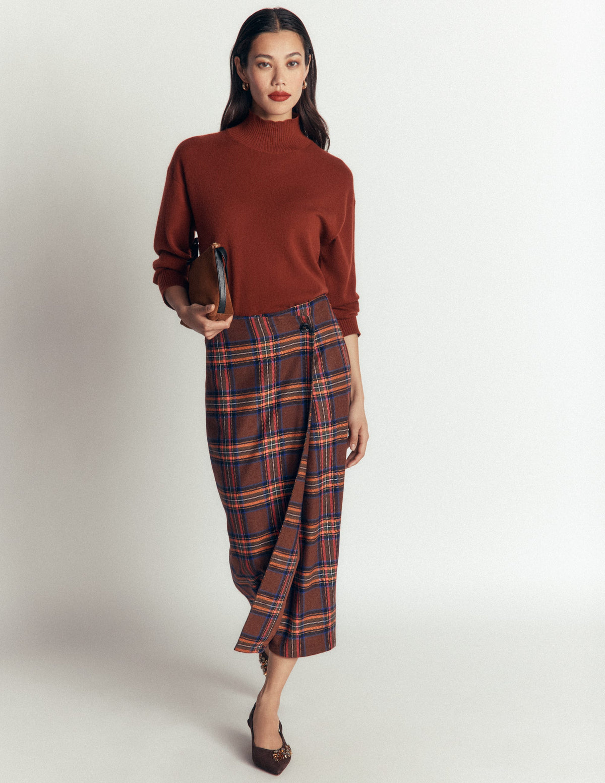 Column Wrap Skirt-Brown, Blue and Orange Check-1