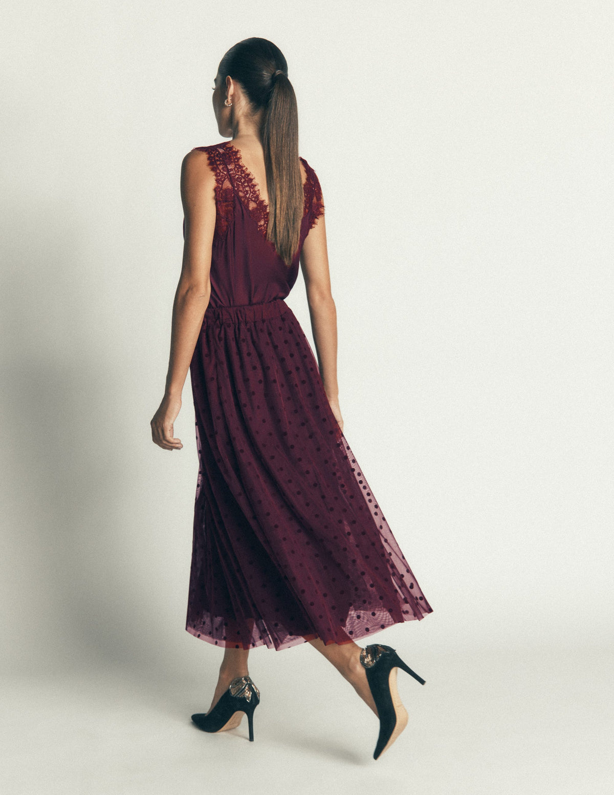 Full Tulle Party Skirt-Dark Cherry Flocked Spot-3