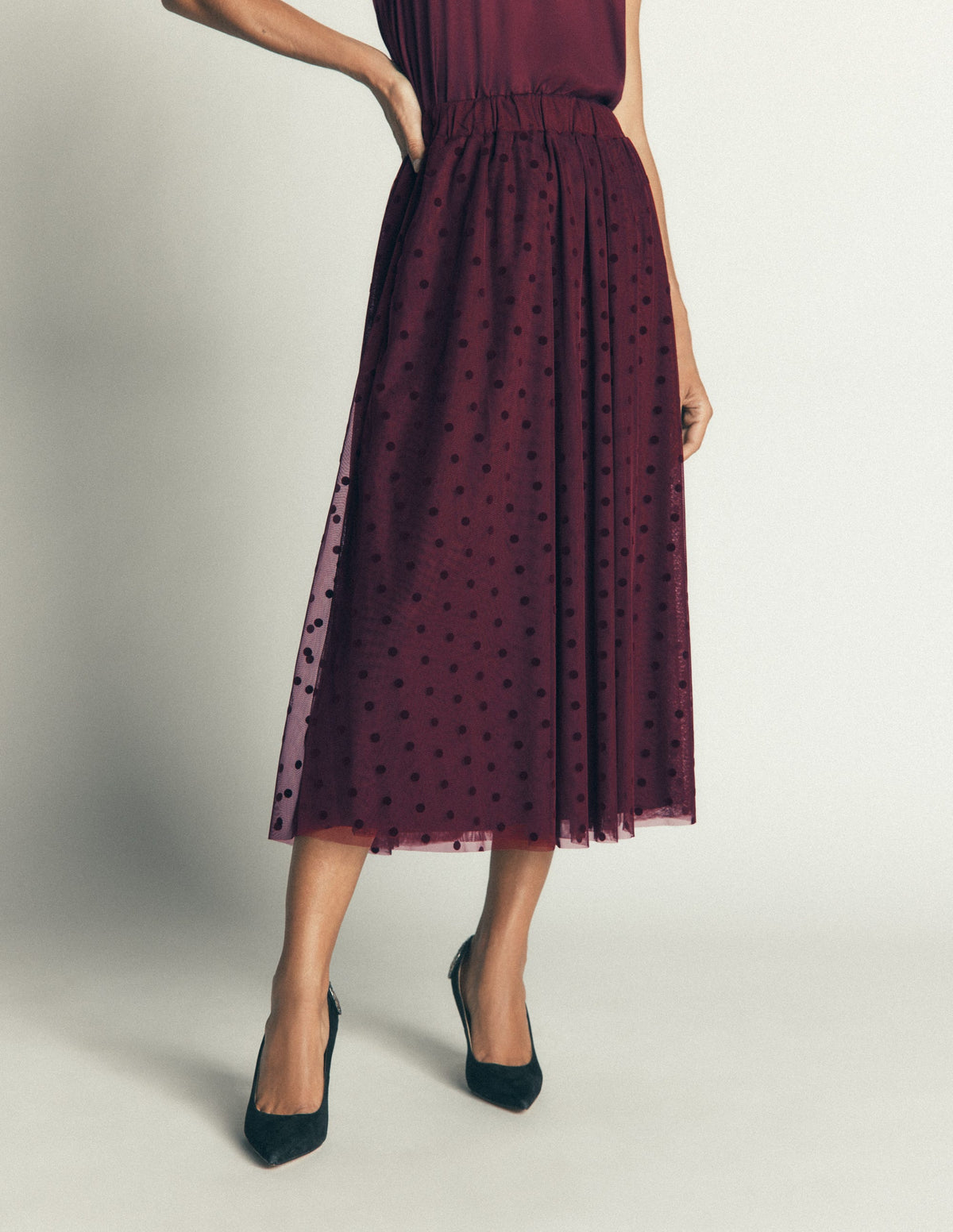 Full Tulle Party Skirt-Dark Cherry Flocked Spot - Image 4