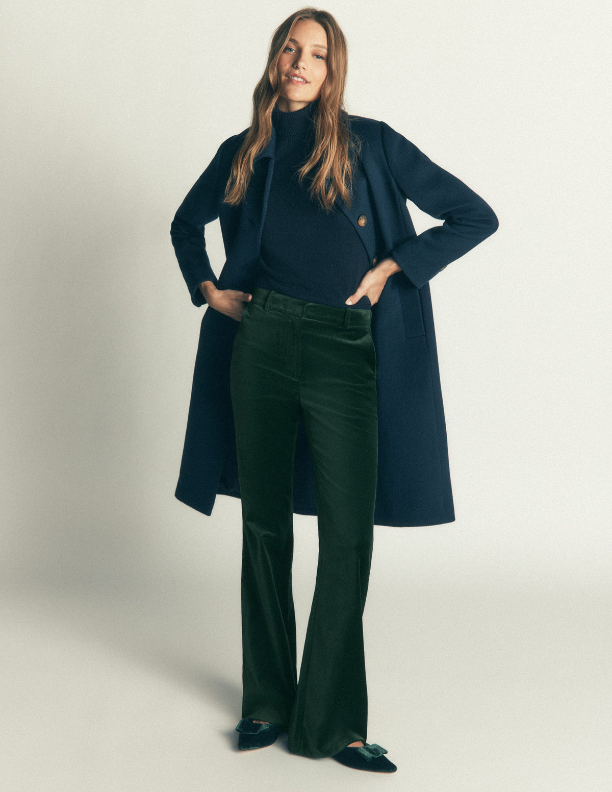 Flare Velvet Trousers-Midnight Emerald-1