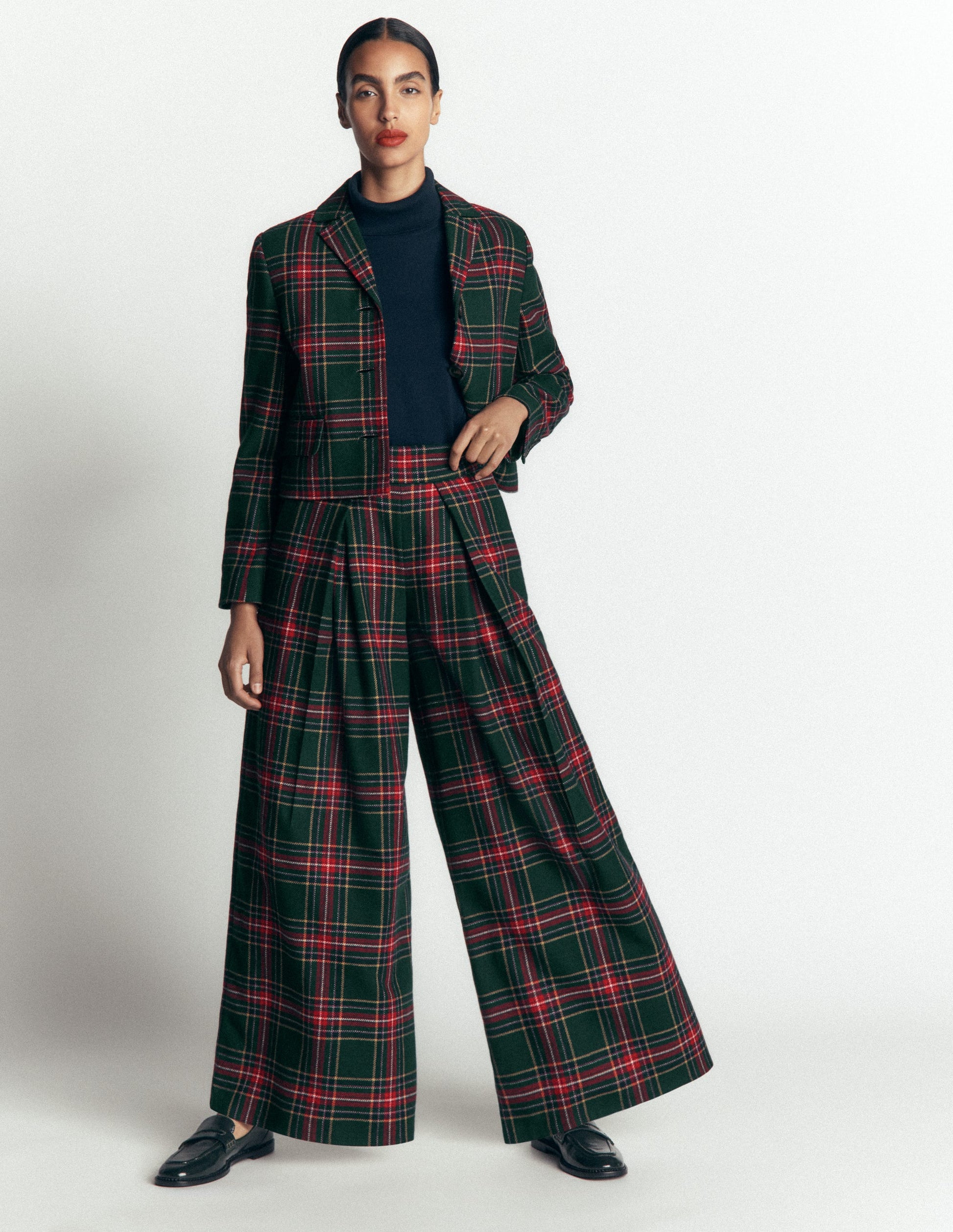 Wool Blend Pleated Trousers-Green, Navy and Red Check-3
