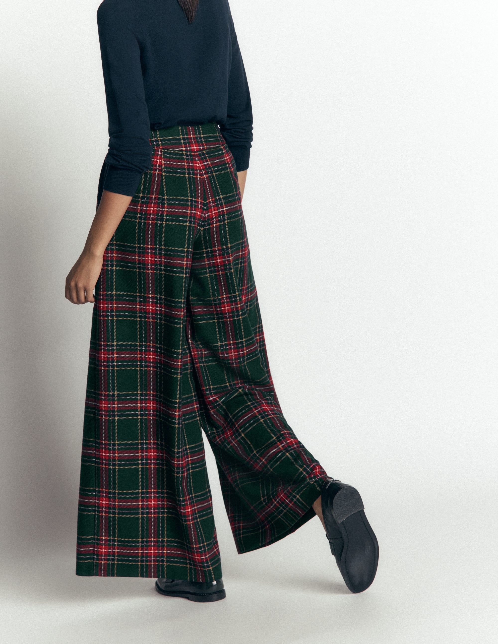 Wool Blend Pleated Trousers-Green, Navy and Red Check - Image 4