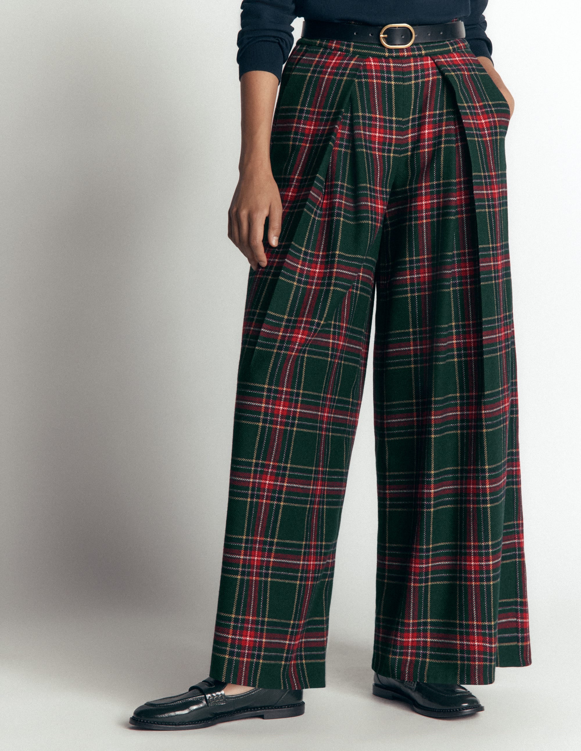 Wool Blend Pleated Trousers-Green, Navy and Red Check - Image 5