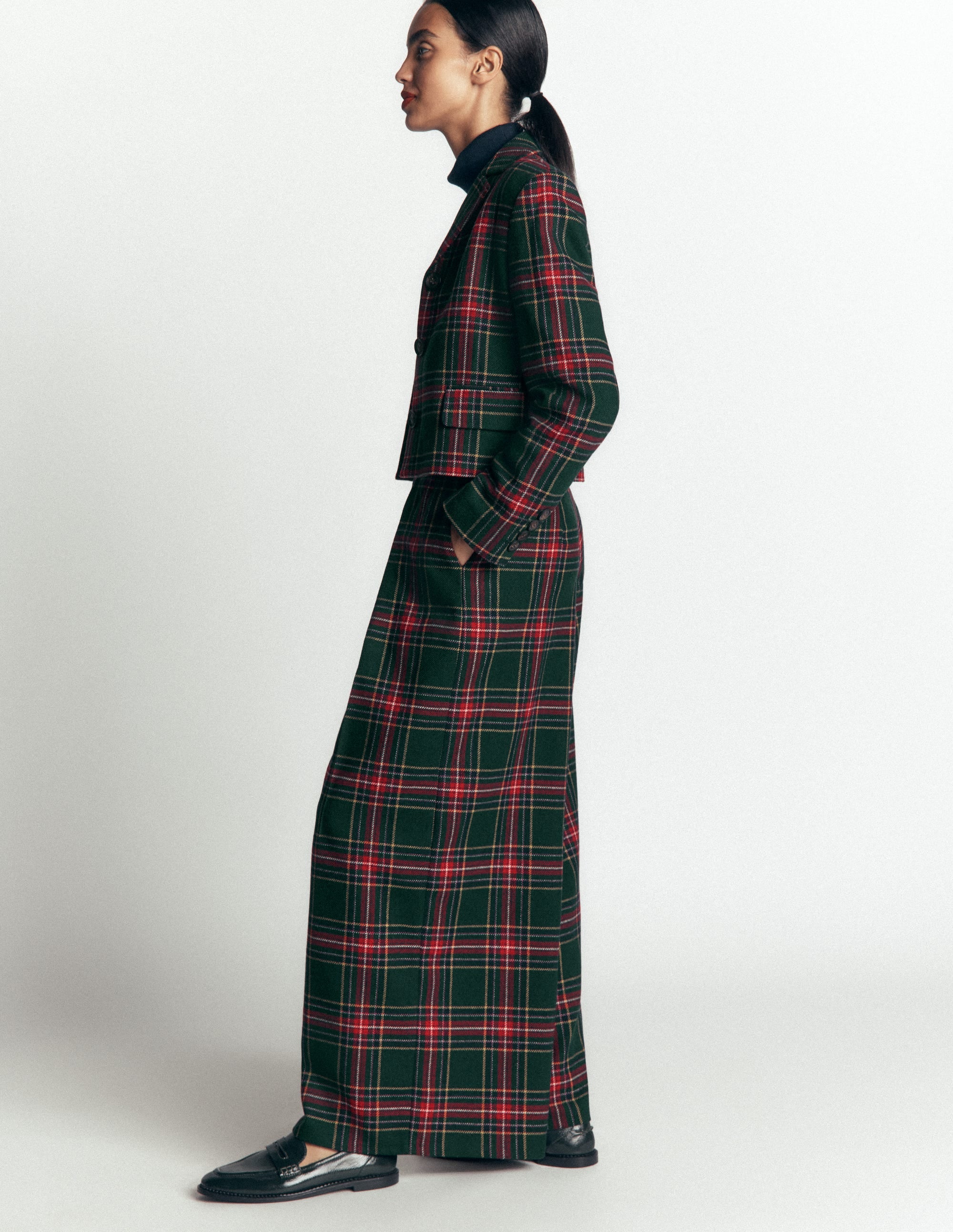 Wool Blend Pleated Trousers-Green, Navy and Red Check - Image 6