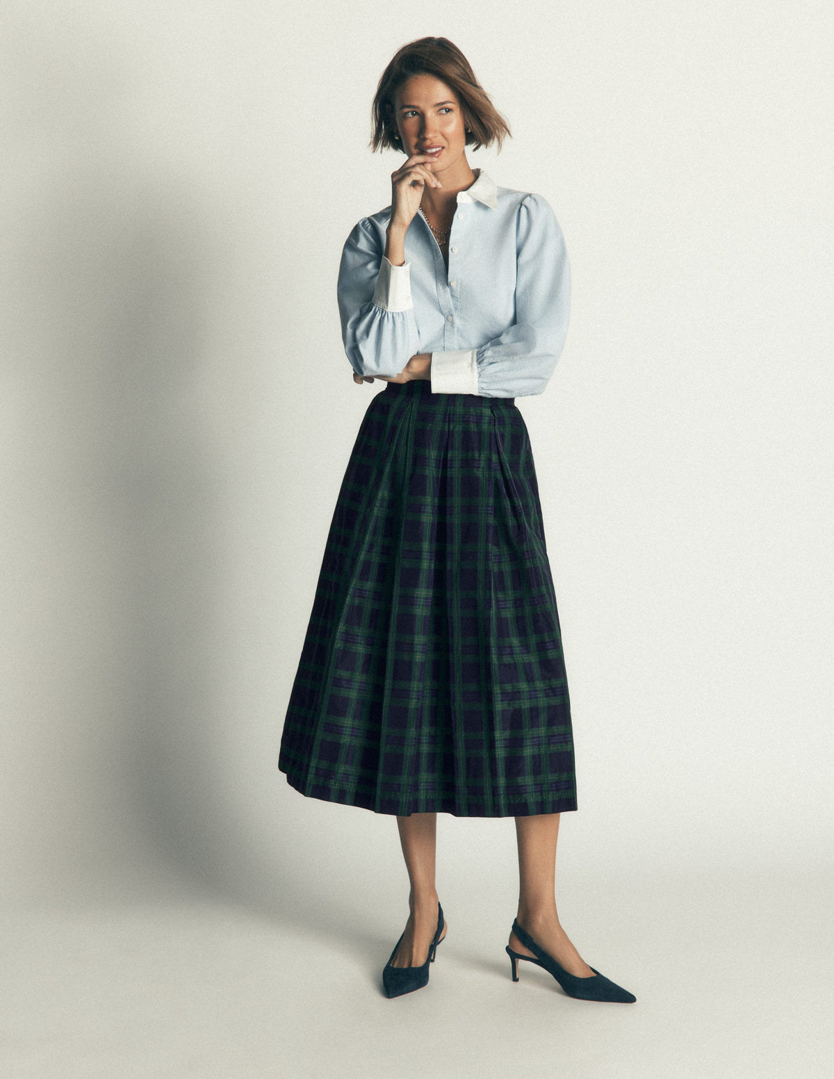 Verity Taffeta Midi Skirt-Navy, Green,Blue Tonal Check-3
