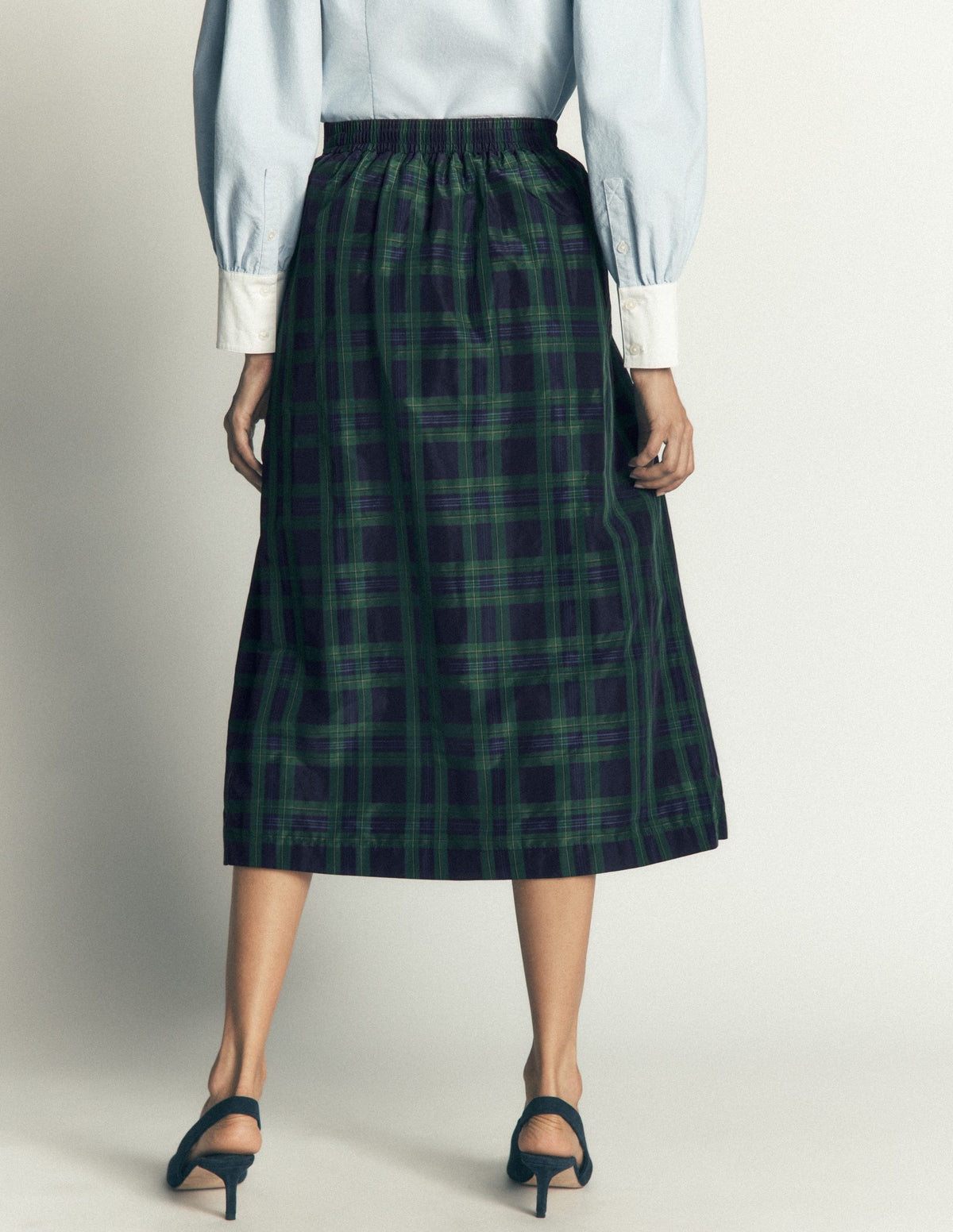 Verity Taffeta Midi Skirt-Navy, Green,Blue Tonal Check - Image 4