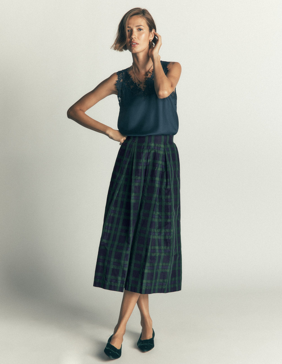 Verity Taffeta Midi Skirt-Navy, Green,Blue Tonal Check - Image 6