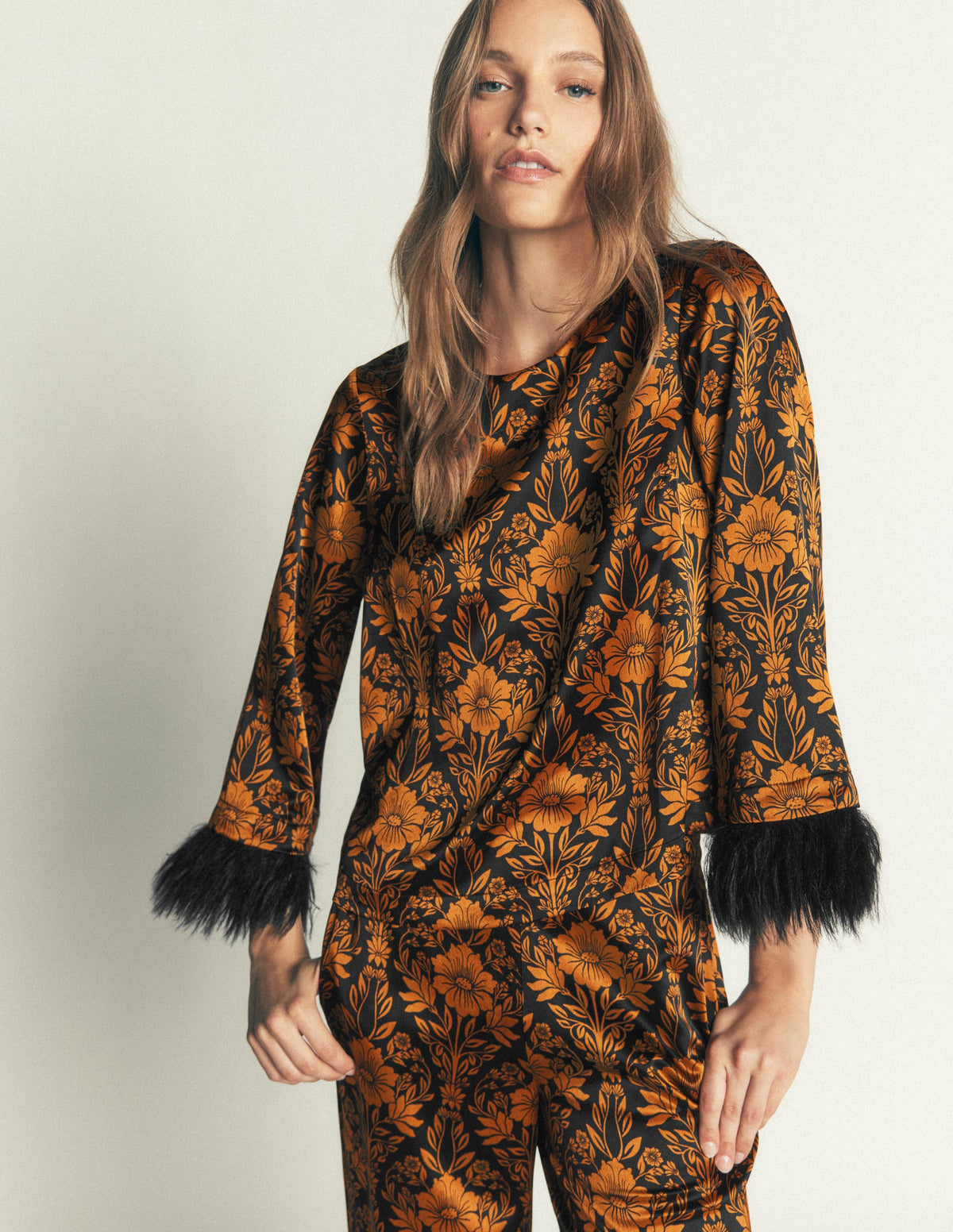 Faux Feather Cuff Party Top-Cognac, Flourishing Sprig-2