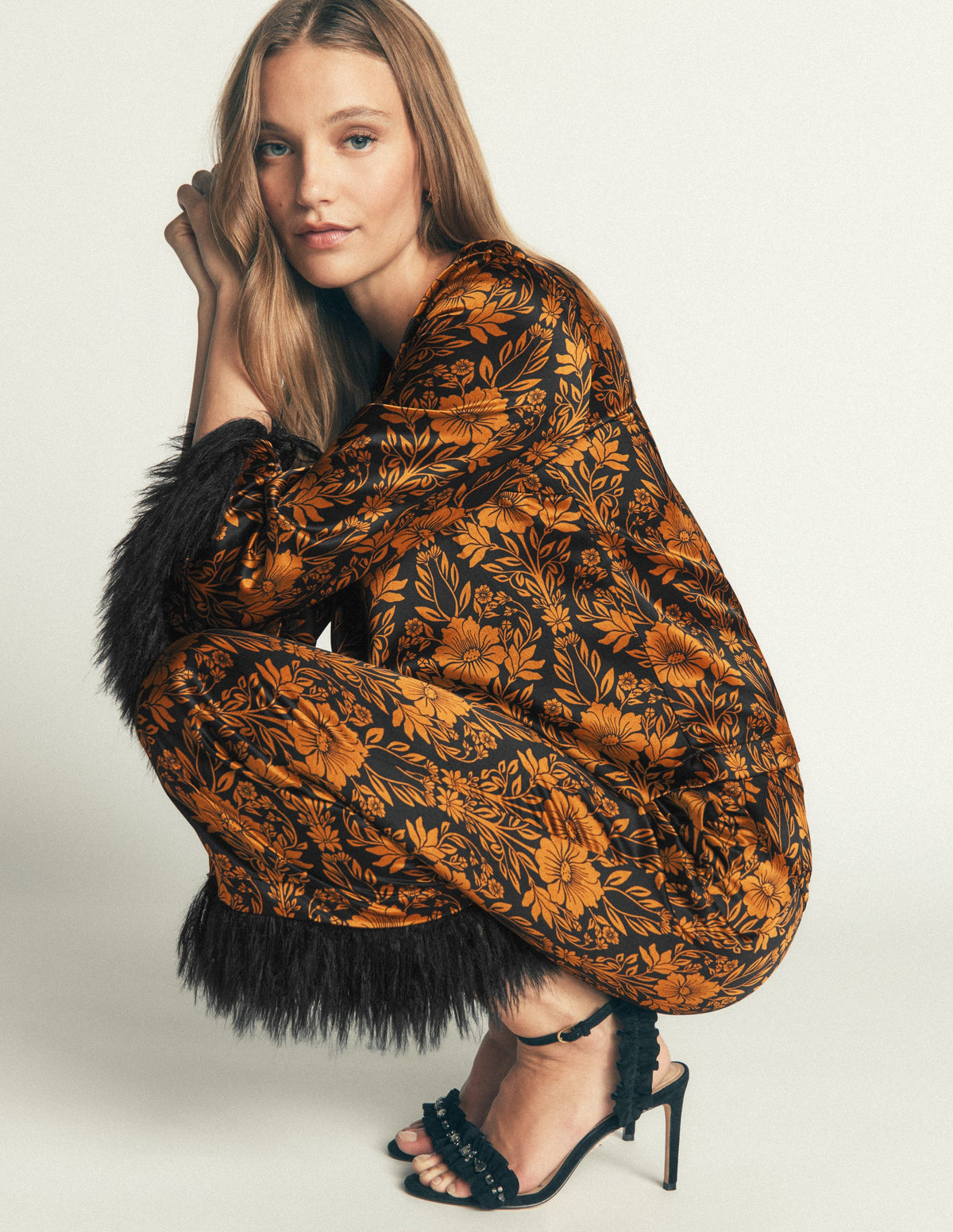 Faux Feather Cuff Party Top-Cognac, Flourishing Sprig - Image 3