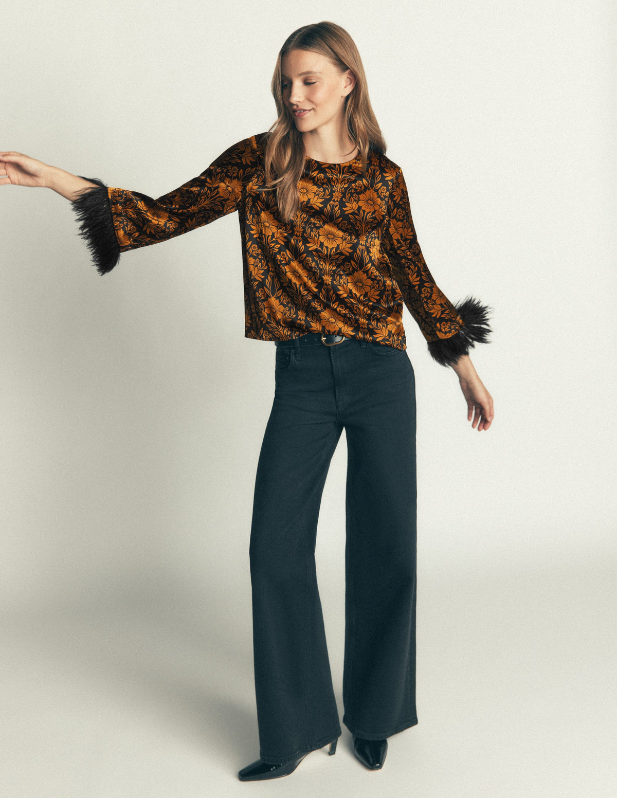 Faux Feather Cuff Party Top-Cognac, Flourishing Sprig-6