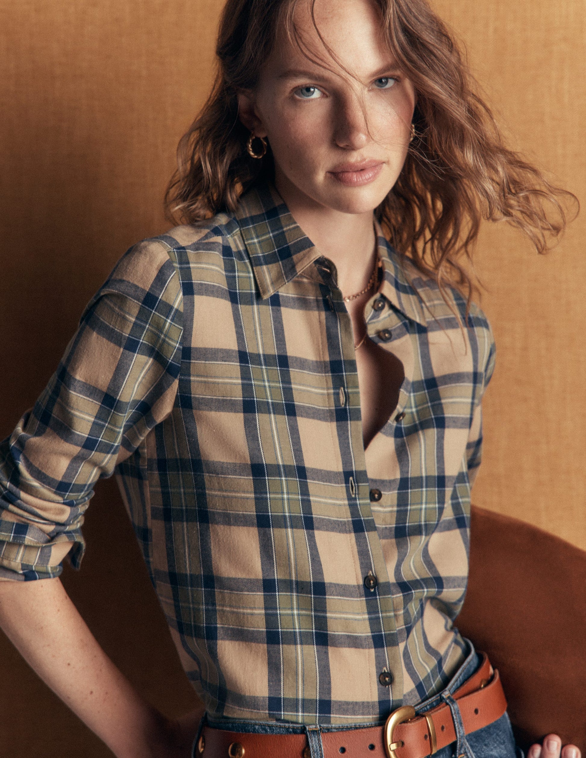 The New Sienna Cotton Shirt-Camel, Navy, Green Check-1