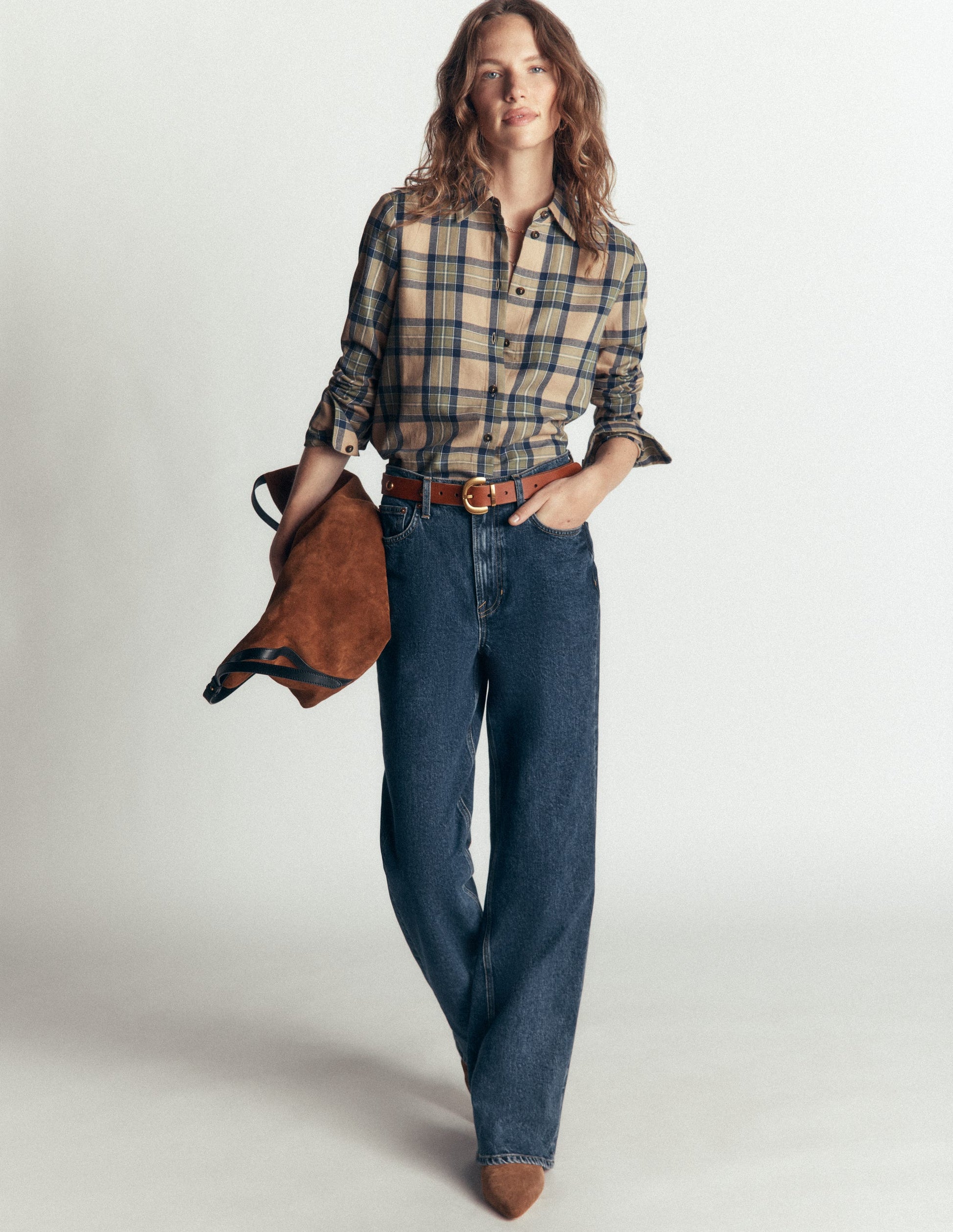 The New Sienna Cotton Shirt-Camel, Navy, Green Check-4