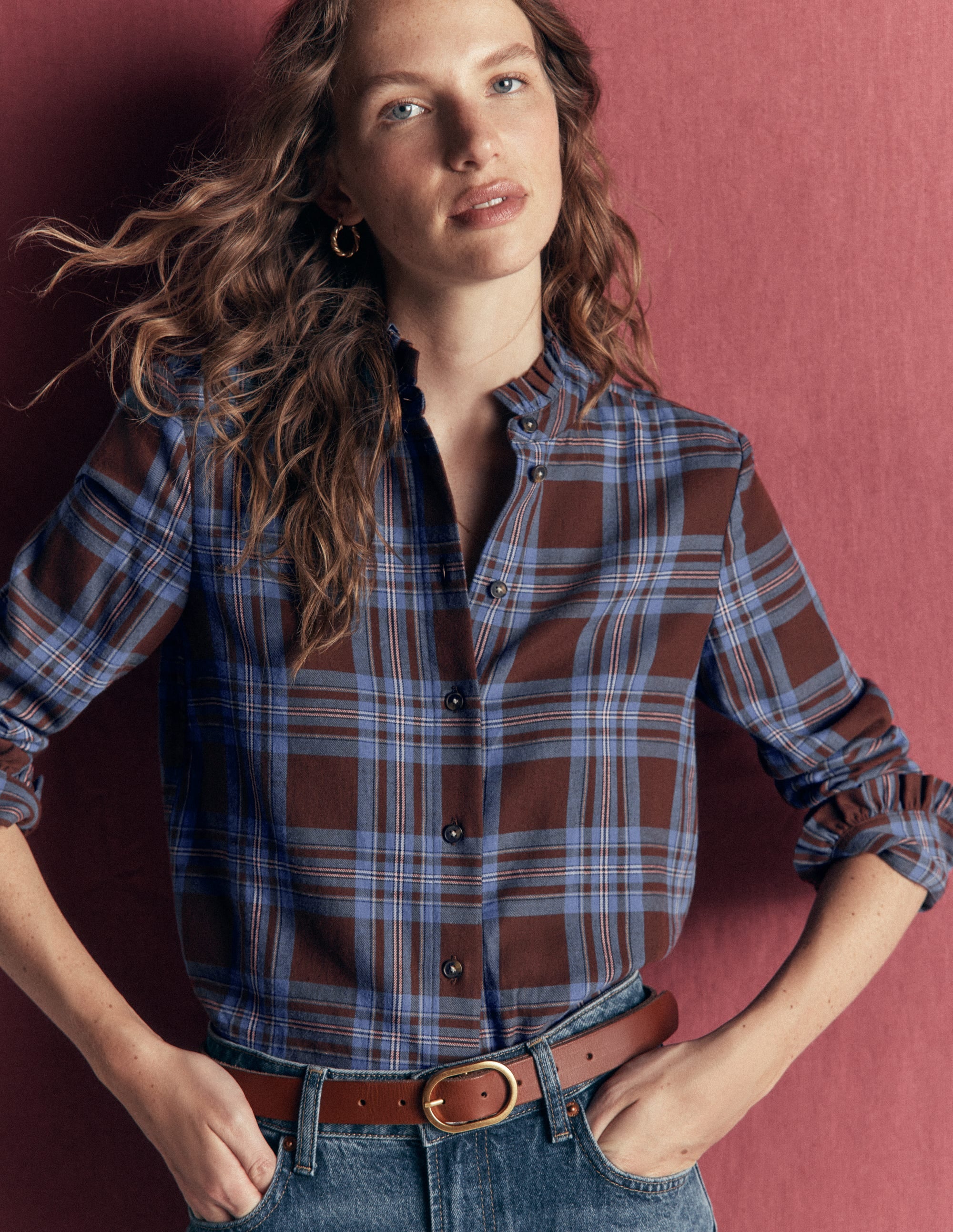 Sienna Frill Cotton Shirt-Brown, Blue, Pink Check - Image 1