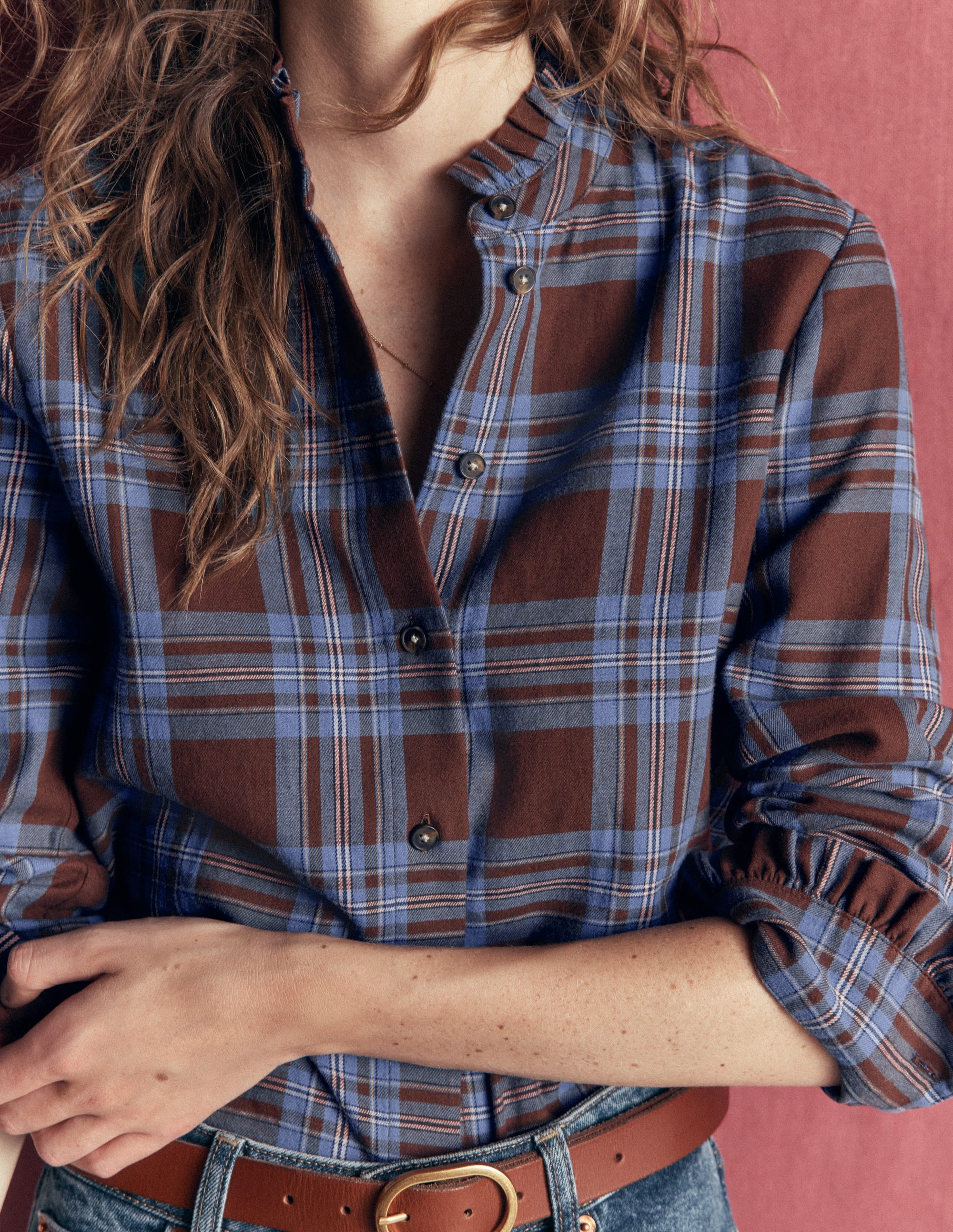 Sienna Frill Cotton Shirt-Brown, Blue, Pink Check - Image 2