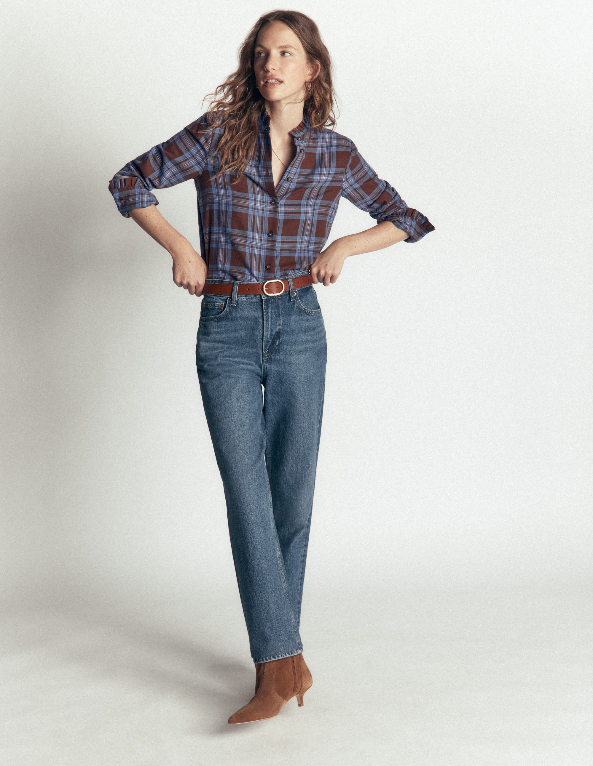 Sienna Frill Cotton Shirt-Brown, Blue, Pink Check - Image 4