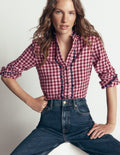 Sienna Frill Cotton Shirt-Embroidered Pink, Maroon Check