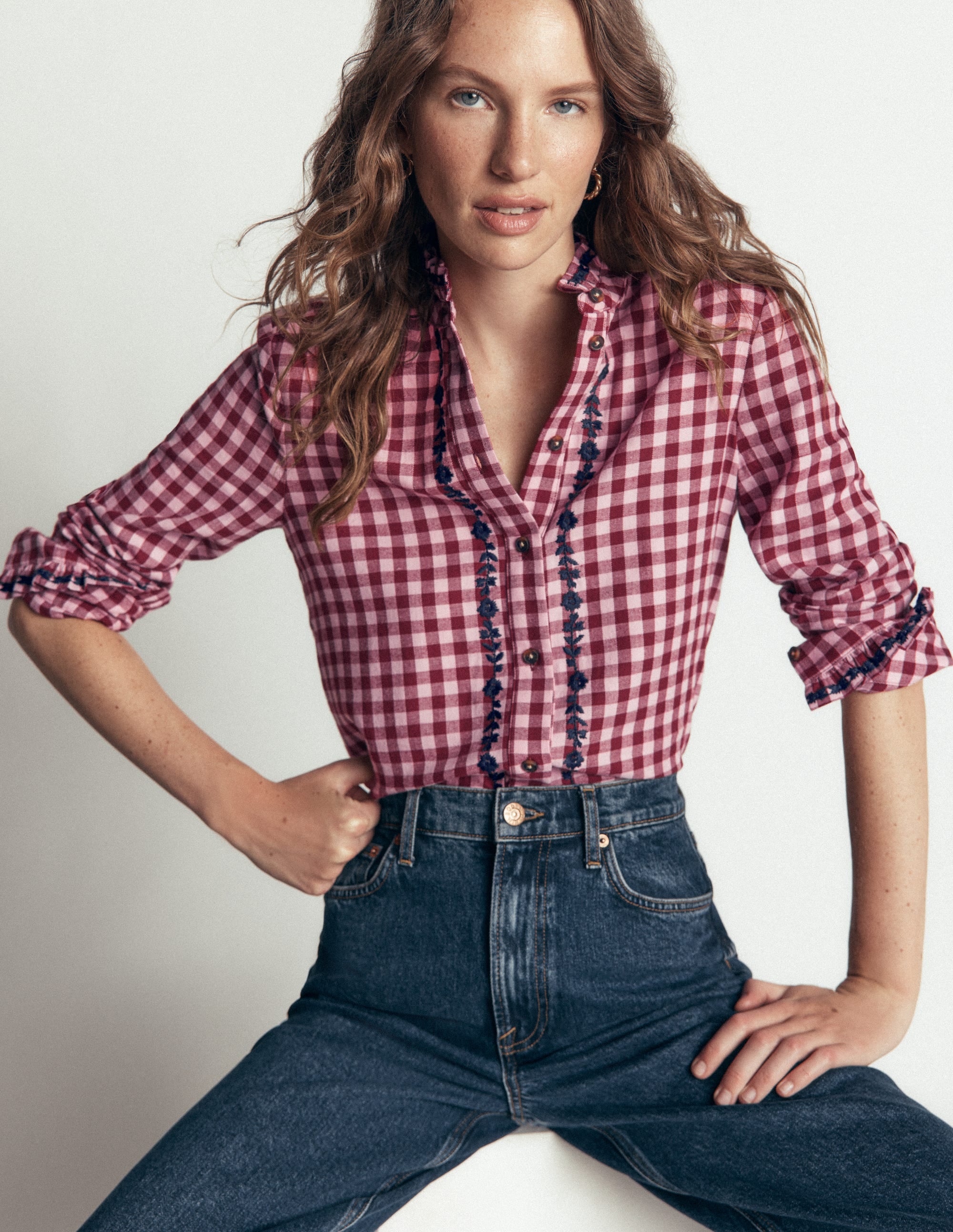 Sienna Frill Cotton Shirt-Embroidered Pink, Maroon Check - Image 1