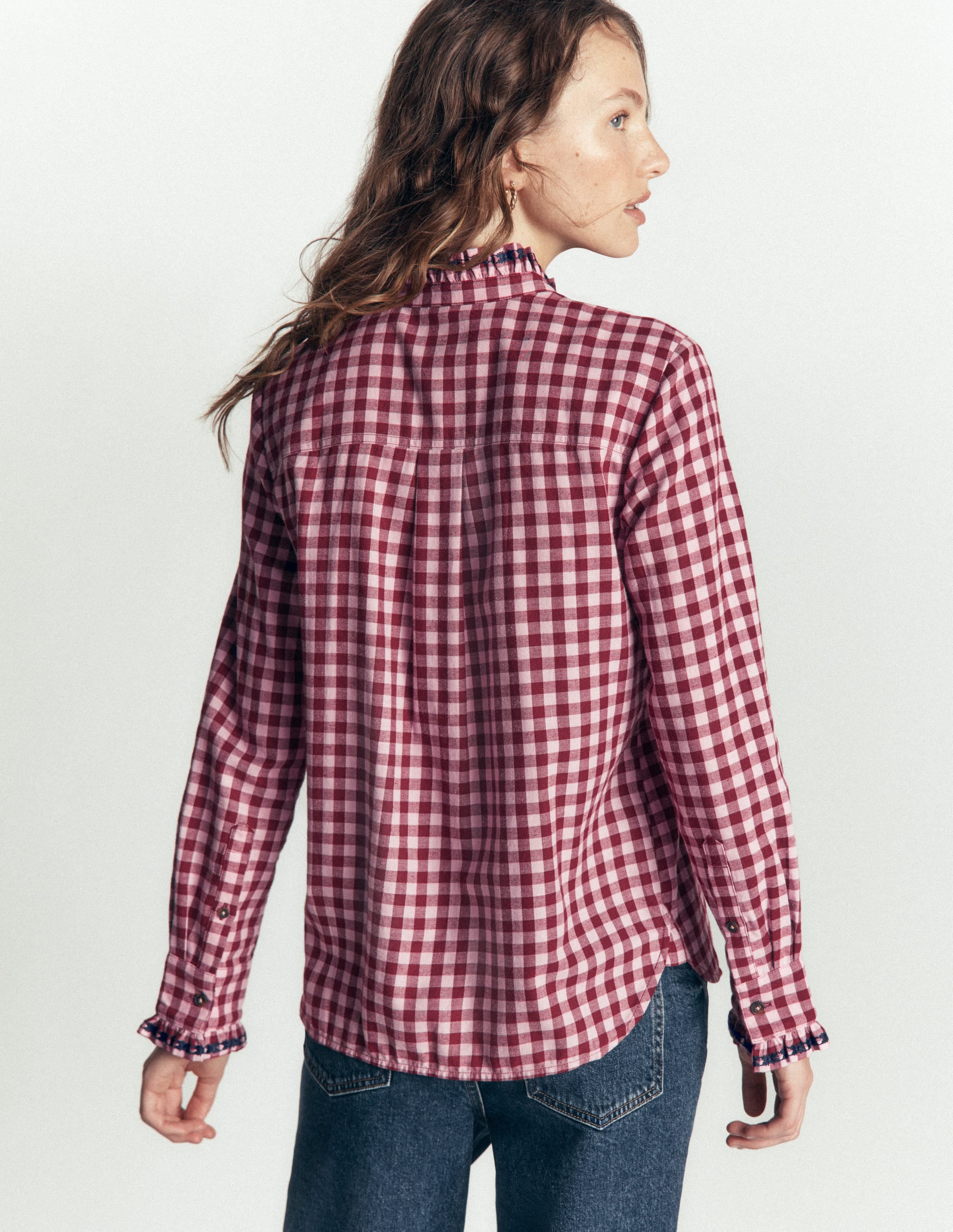 Sienna Frill Cotton Shirt-Embroidered Pink, Maroon Check - Image 3