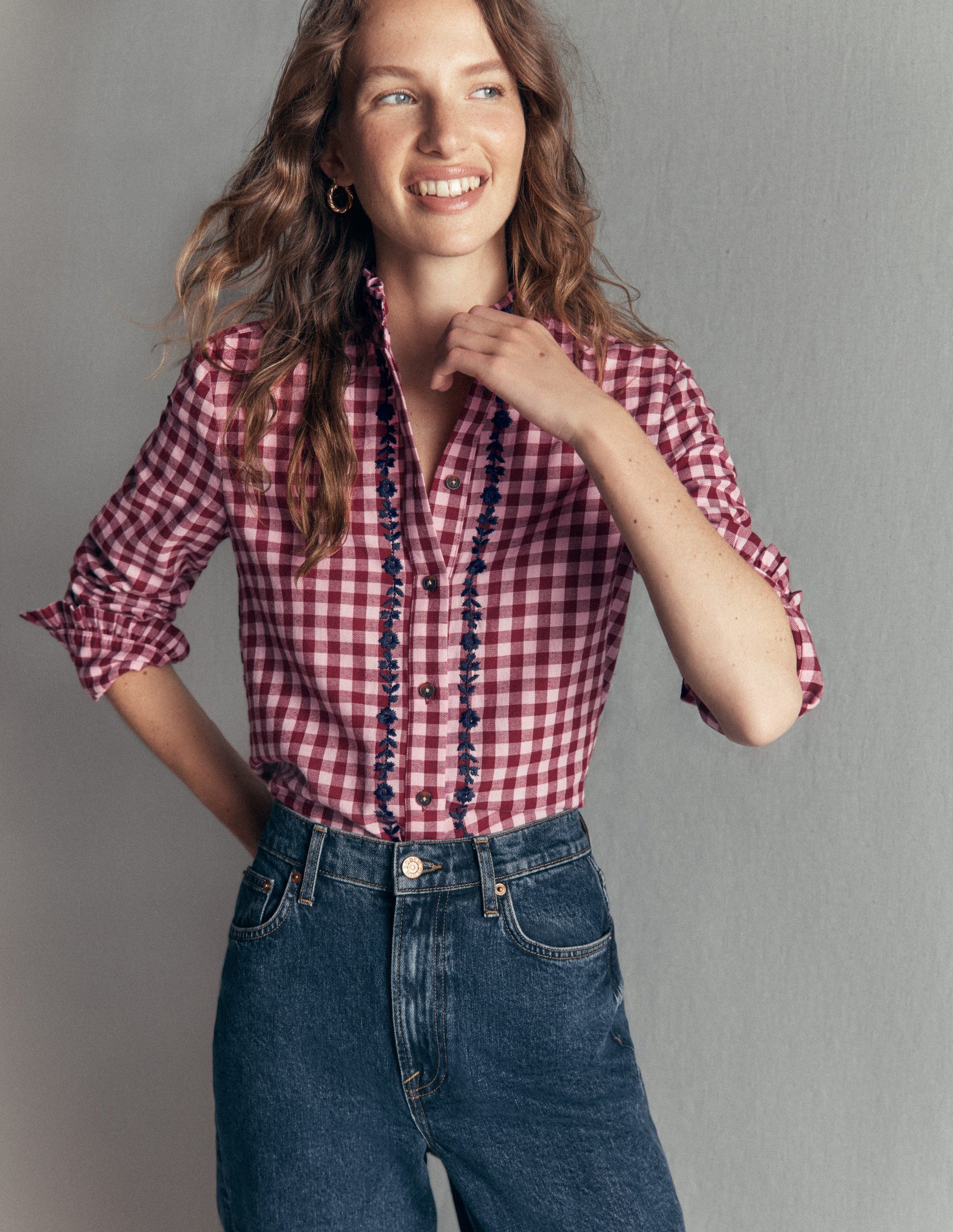 Sienna Frill Cotton Shirt-Embroidered Pink, Maroon Check-5