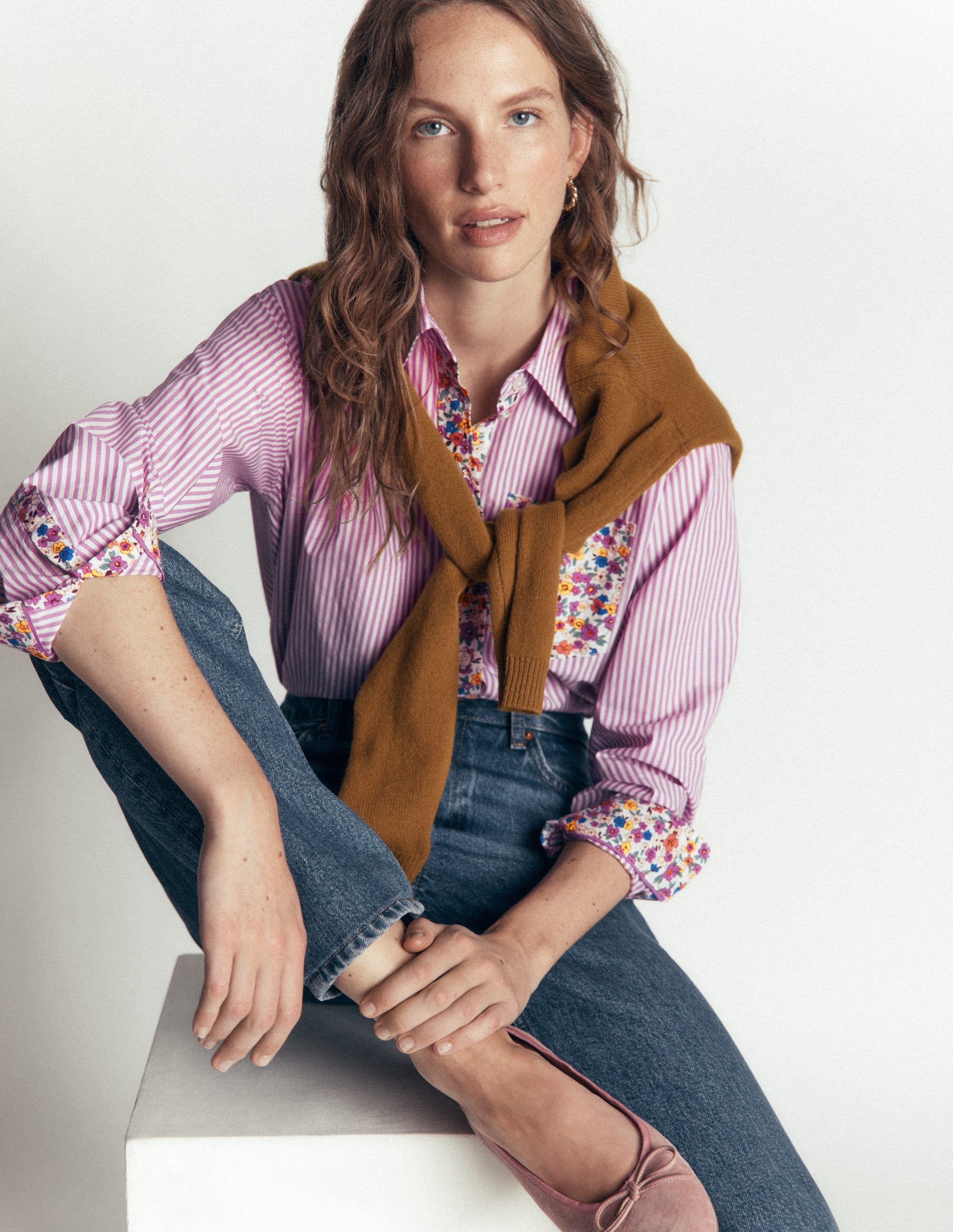 Sienna Relaxed Cotton Shirt-Clover Purple, Hotched Floral - Image 1