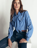 Clara Tie Neck Shirt-Blue and Ivory Stripe