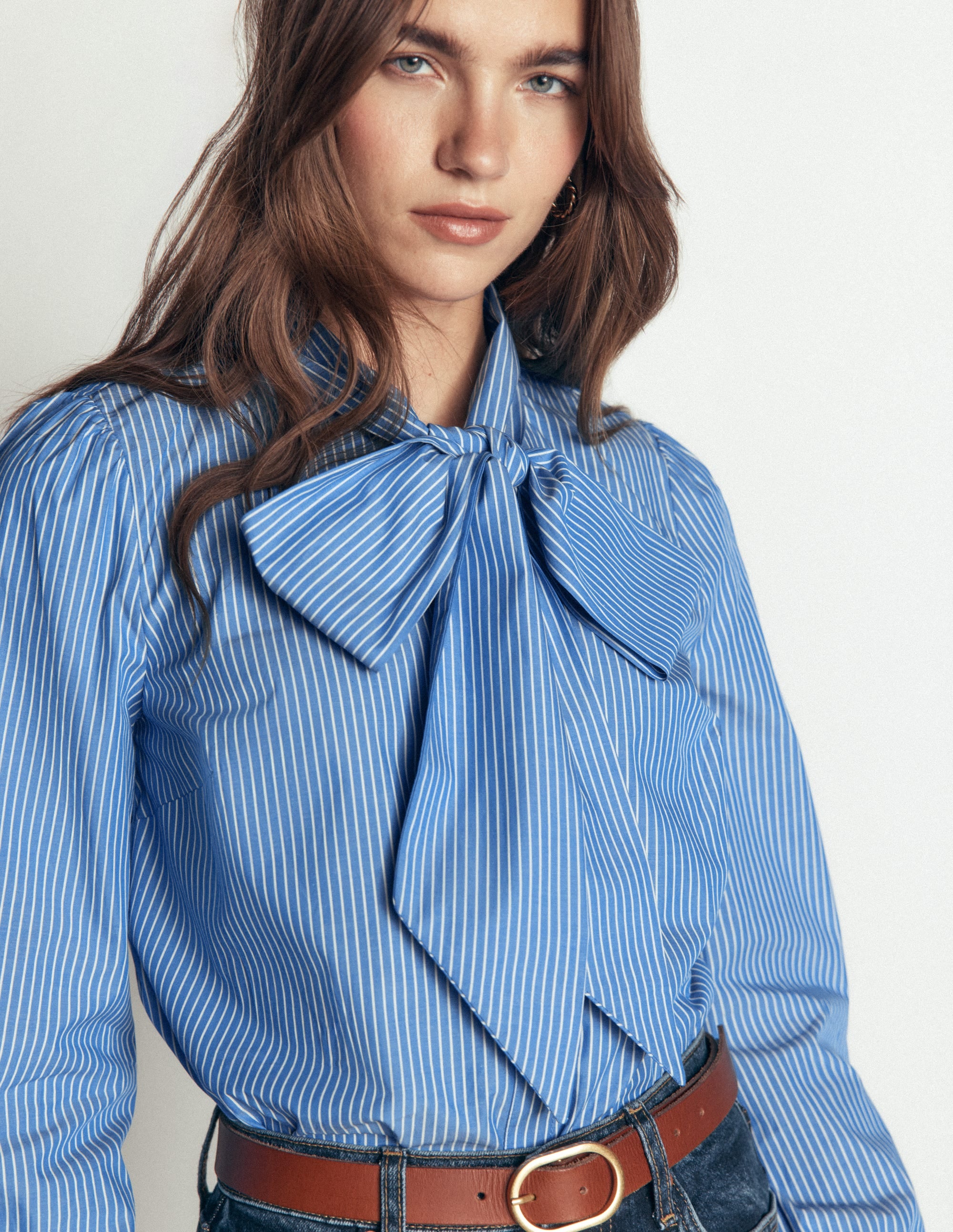 Clara Tie Neck Shirt-Blue and Ivory Stripe - Image 2