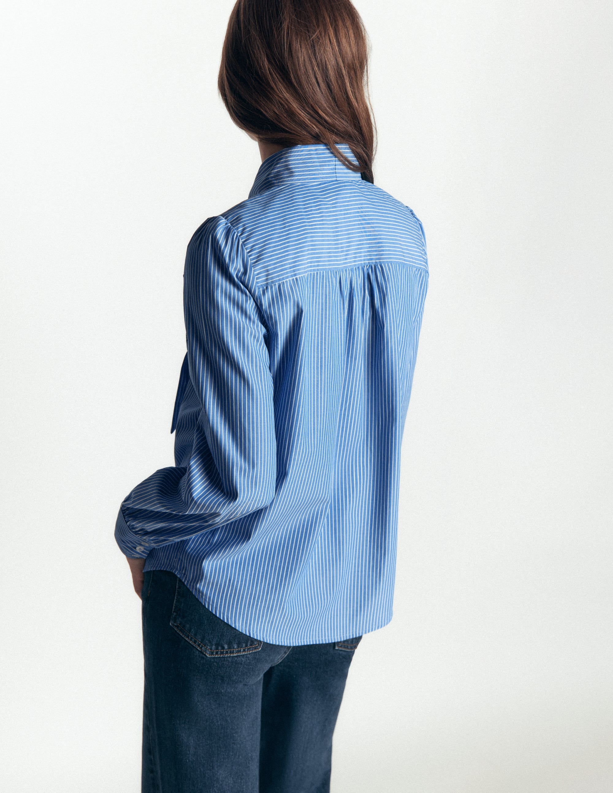 Clara Tie Neck Shirt-Blue and Ivory Stripe - Image 3