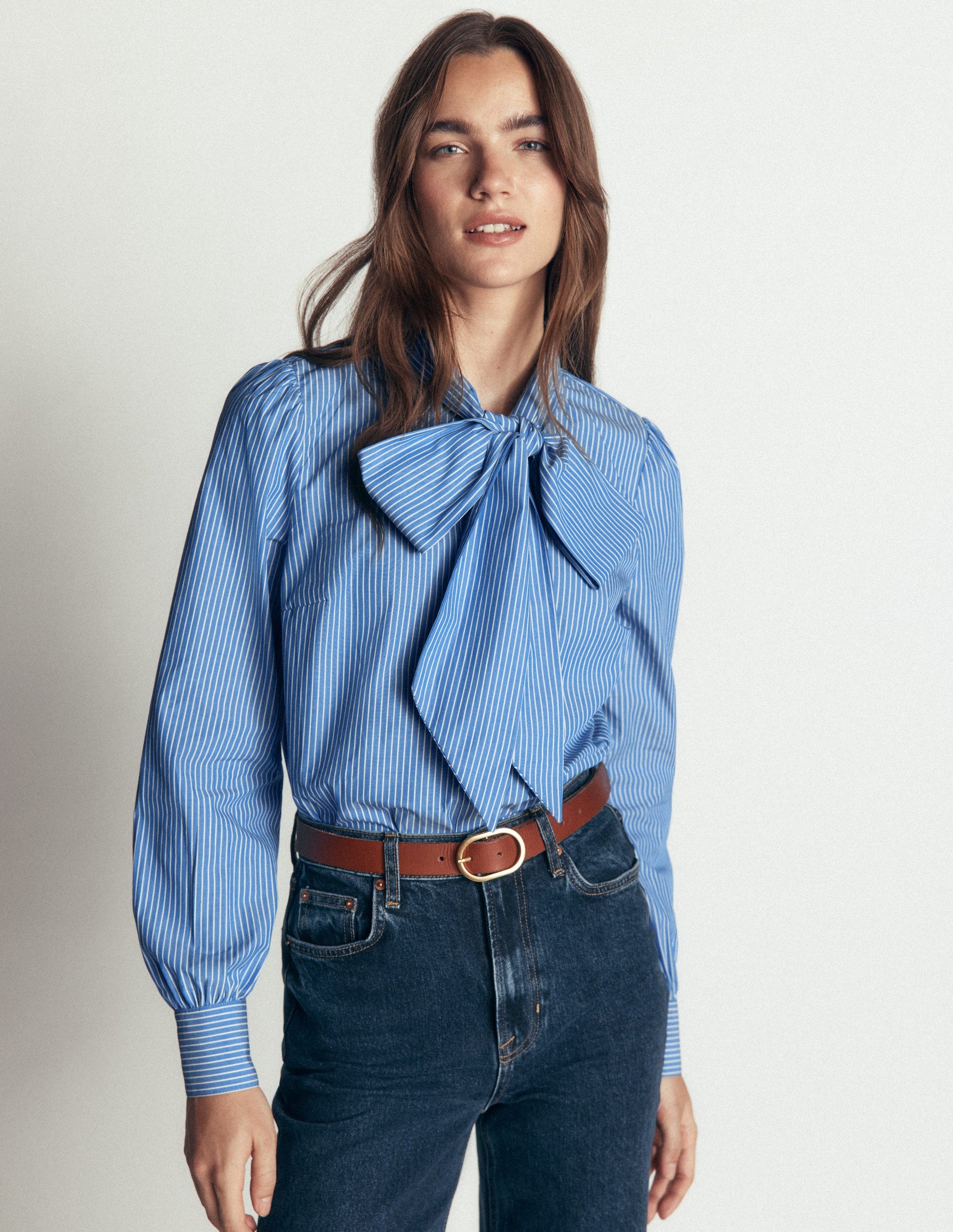 Clara Tie Neck Shirt-Blue and Ivory Stripe-4