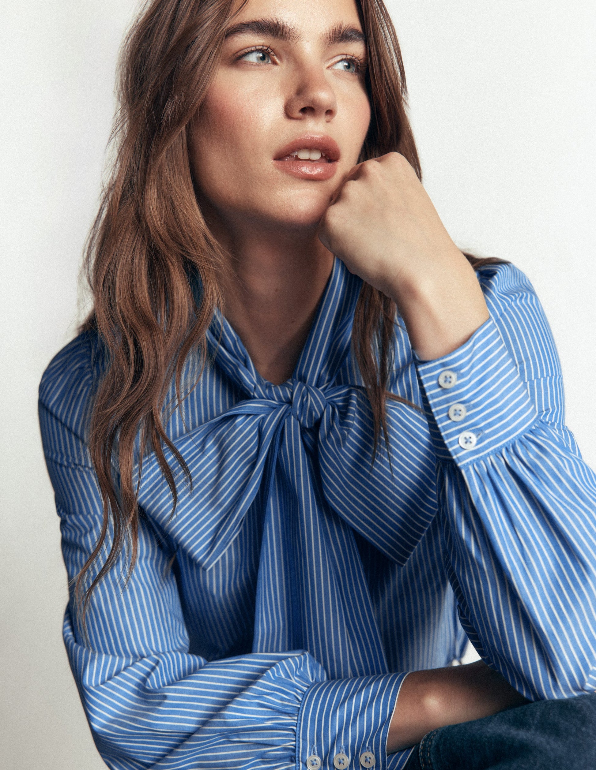 Clara Tie Neck Shirt-Blue and Ivory Stripe-5