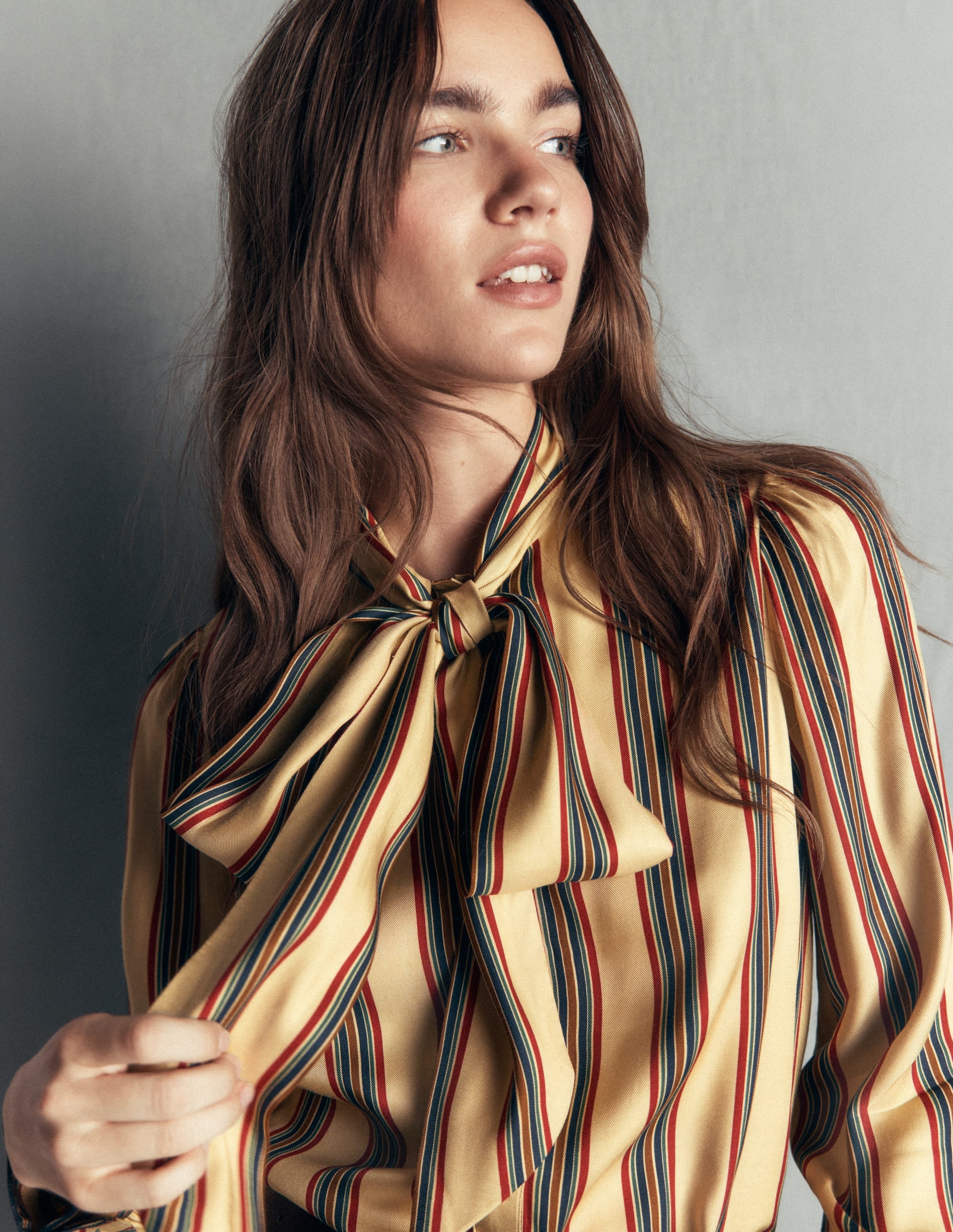 Clara Silk Tie Neck Top-Collegic Stripe - Image 3
