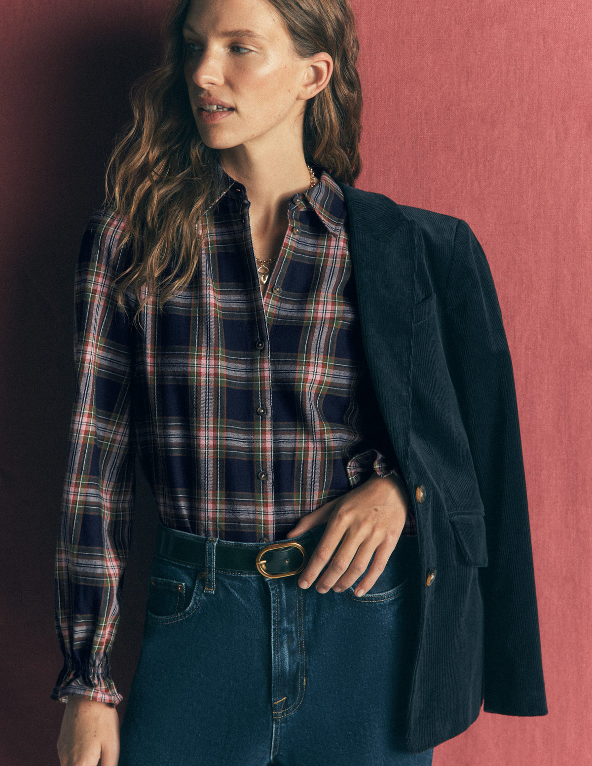 Violet Cotton Top-Navy, Green and Pink Check-1