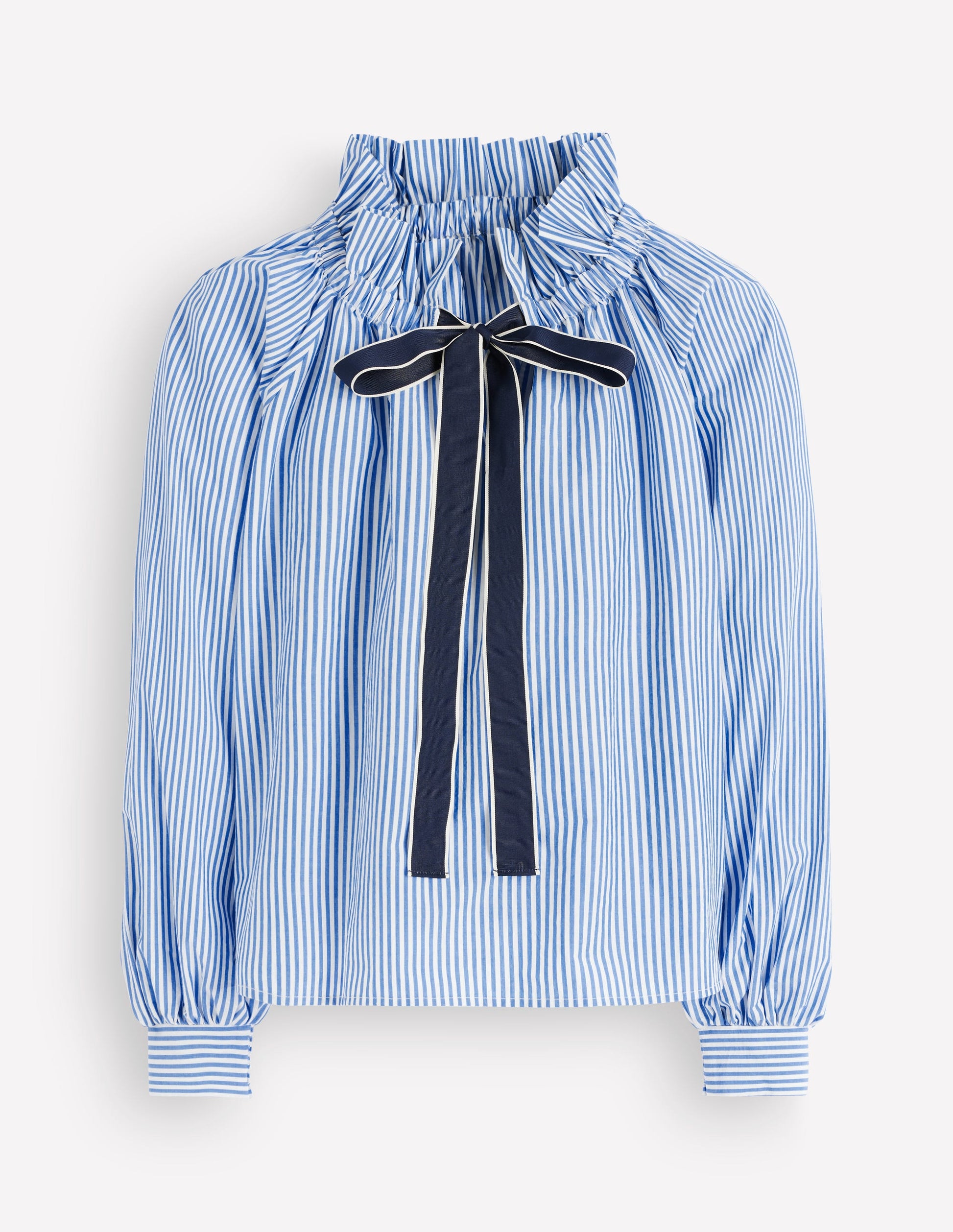 Bow Neck Ruffled Top-Bright Blue, Ivory Stripe-8