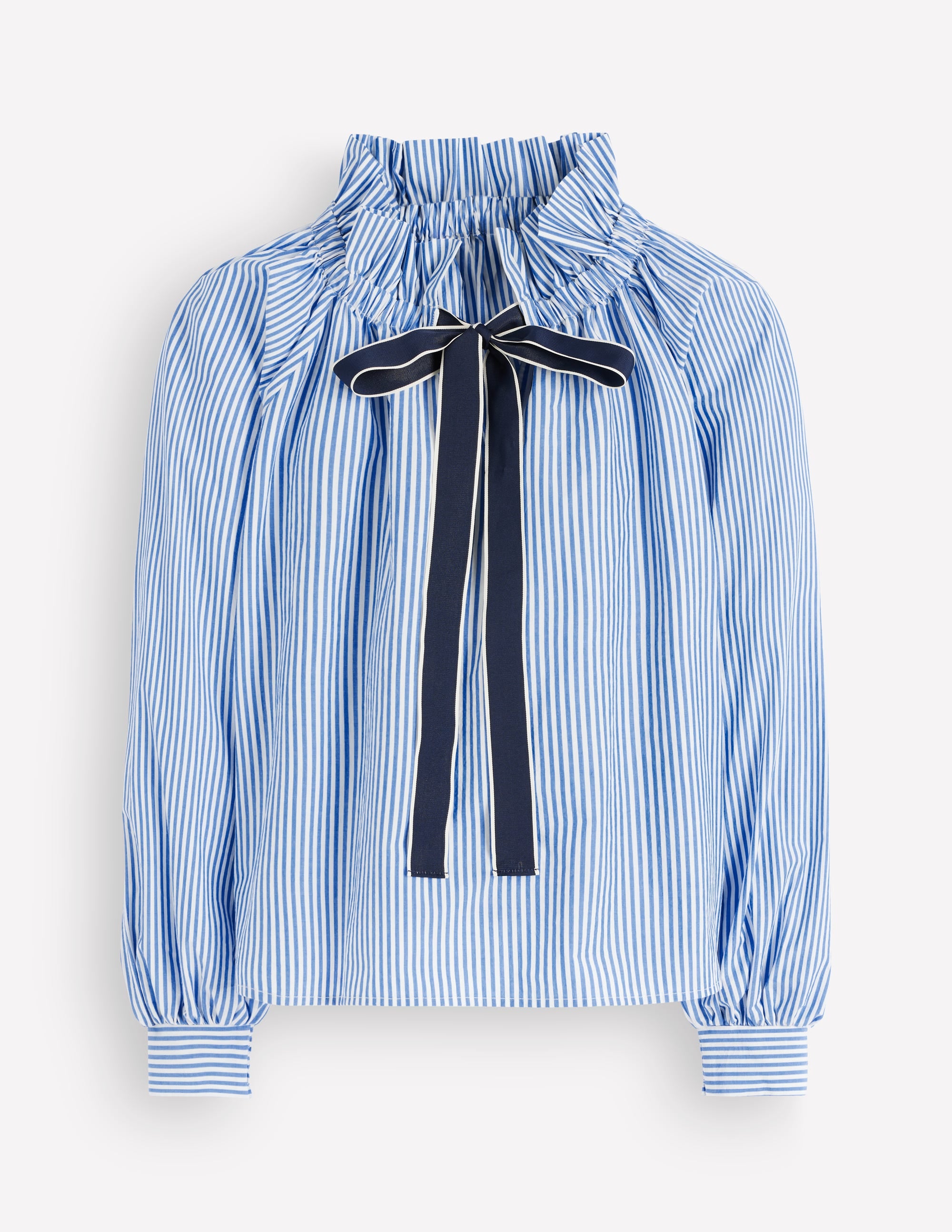 Bow Neck Ruffled Top-Bright Blue, Ivory Stripe - Image 8