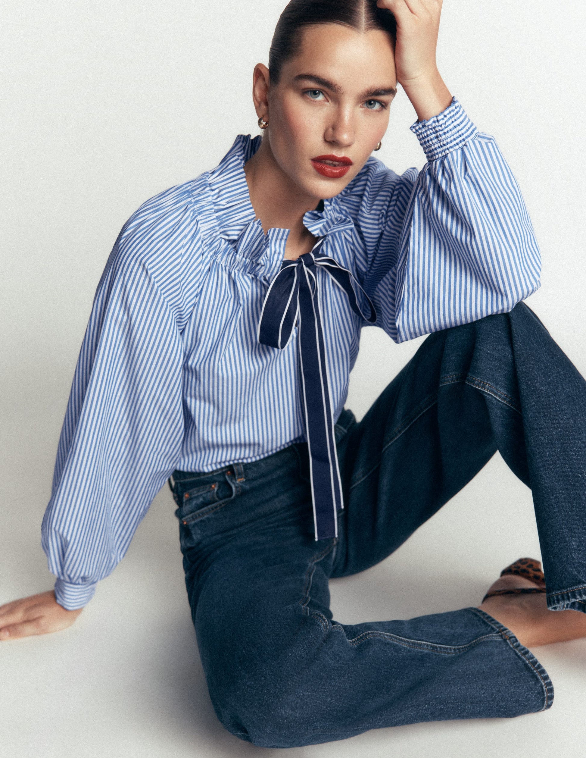 Bow Neck Ruffled Top-Bright Blue, Ivory Stripe-2