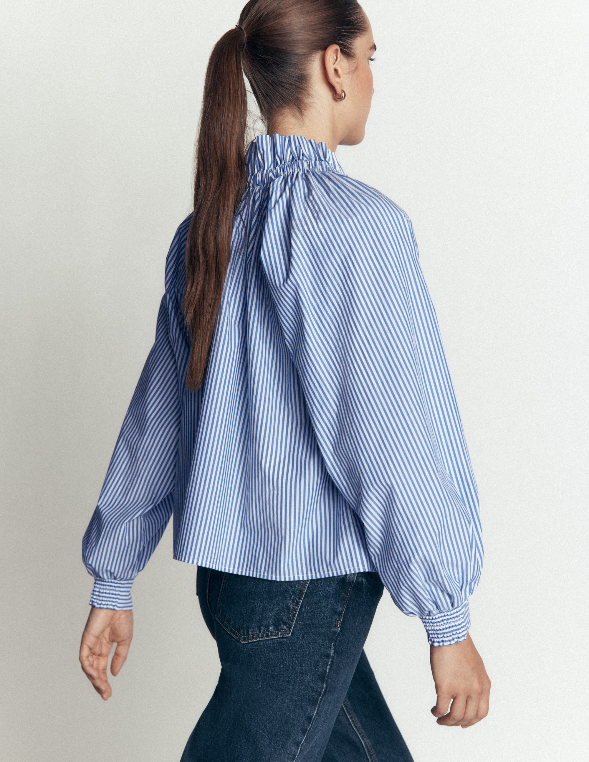 Bow Neck Ruffled Top-Bright Blue, Ivory Stripe - Image 4