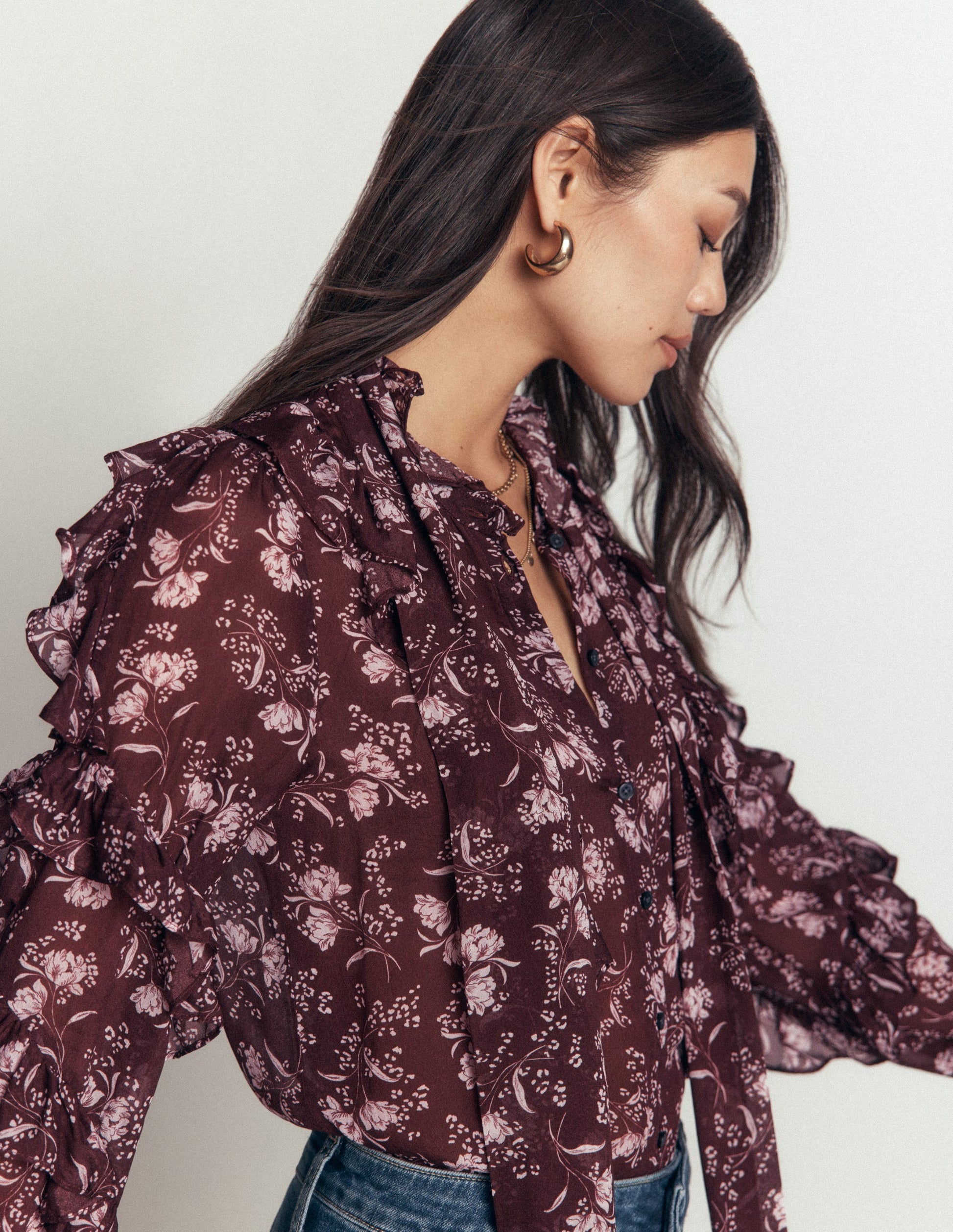 Ruffled Georgette Top-Chocolate, Enchanted Sprigs-2