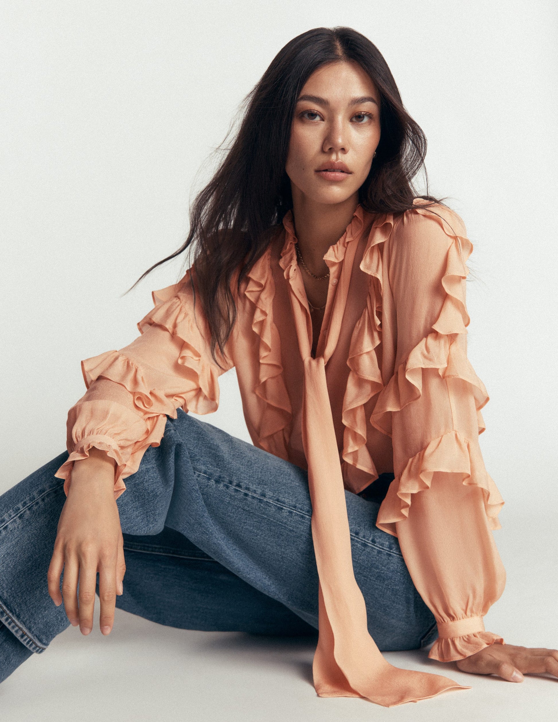 Ruffled Georgette Top-Soft Peach-2
