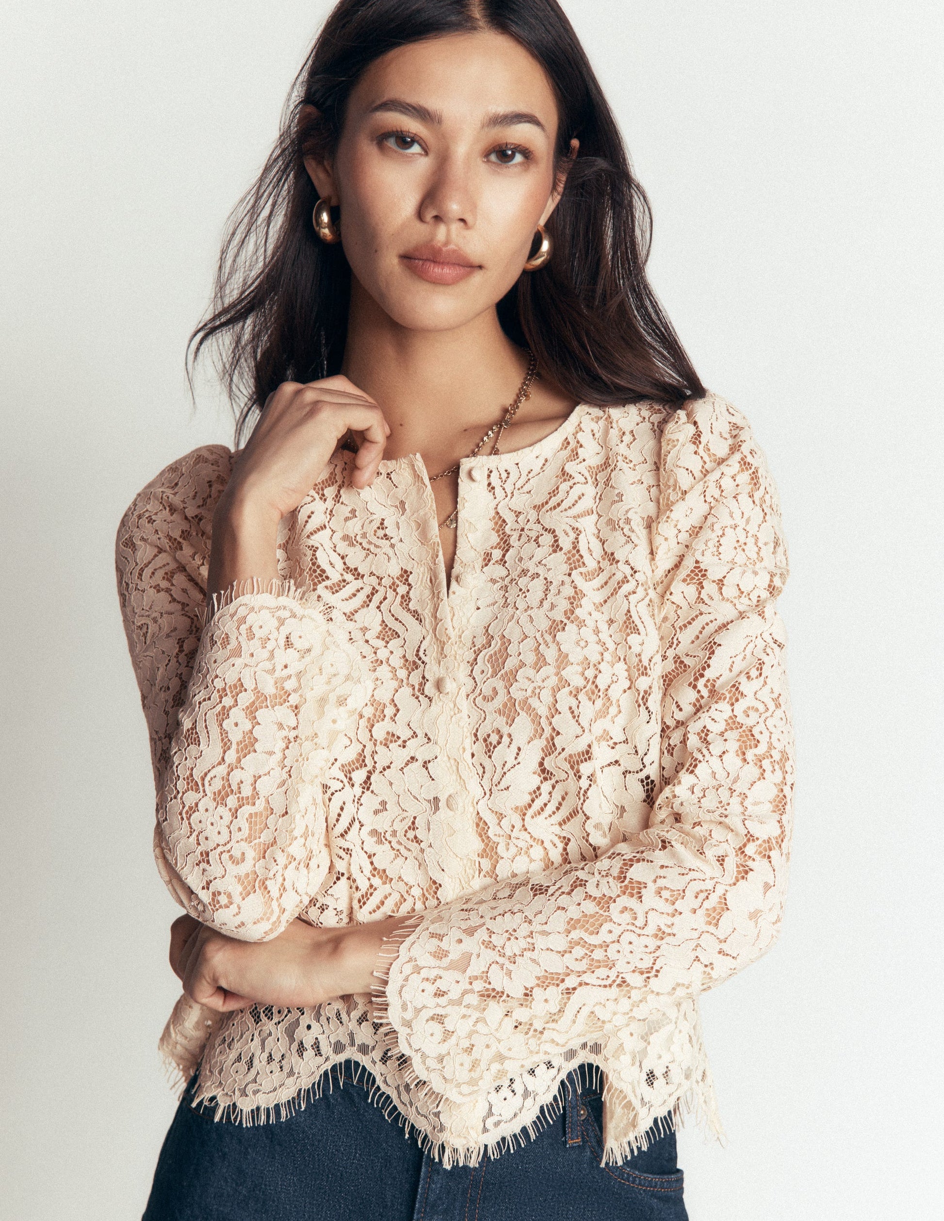 Lace Puff Sleeve Top-Warm Ivory-5