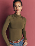 Ruched Neck Long Sleeve-Dark Olive