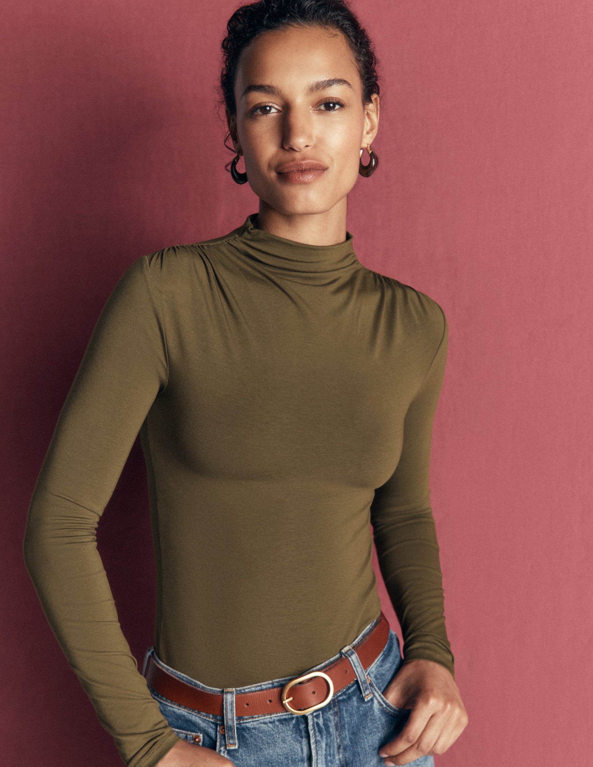 Ruched Neck Long Sleeve-Dark Olive-1