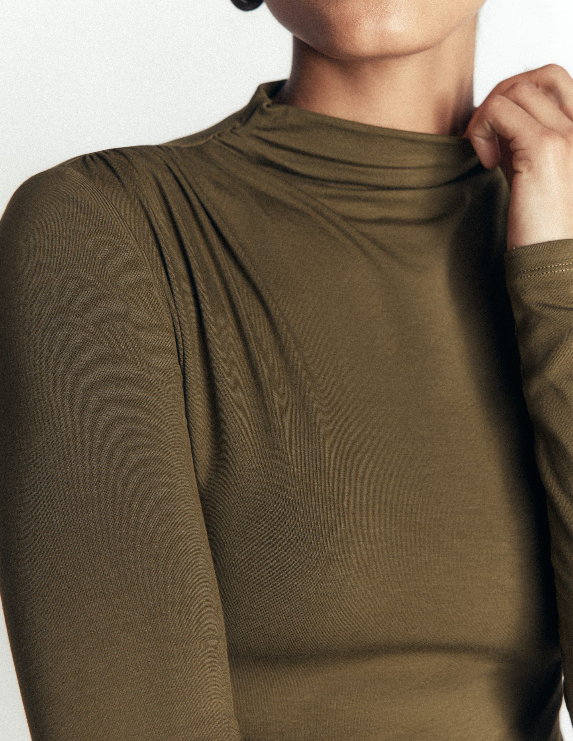 Ruched Neck Long Sleeve-Dark Olive - Image 2