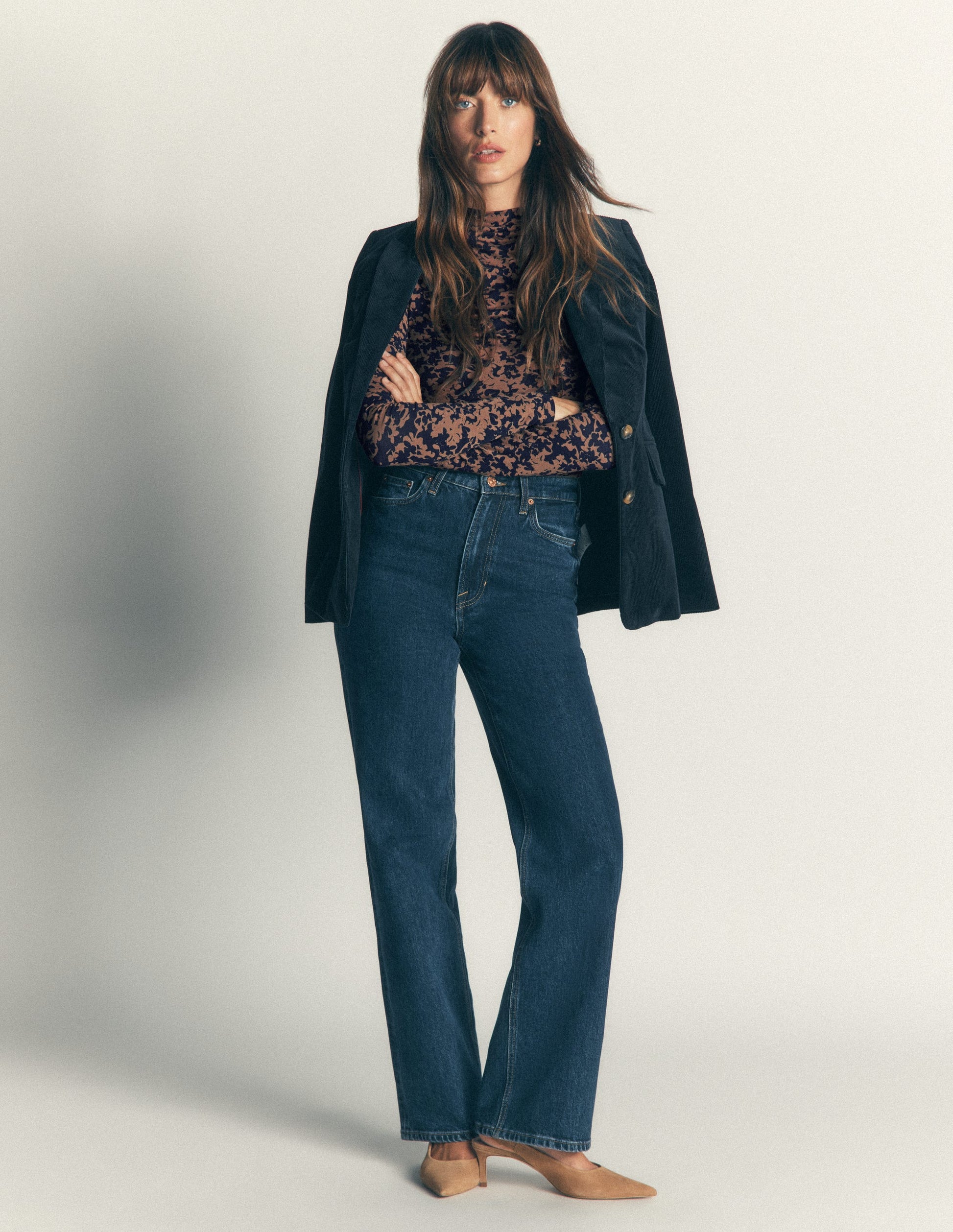 Ruched Neck Long Sleeve-Cappuccino, Sprayed Leaf-1