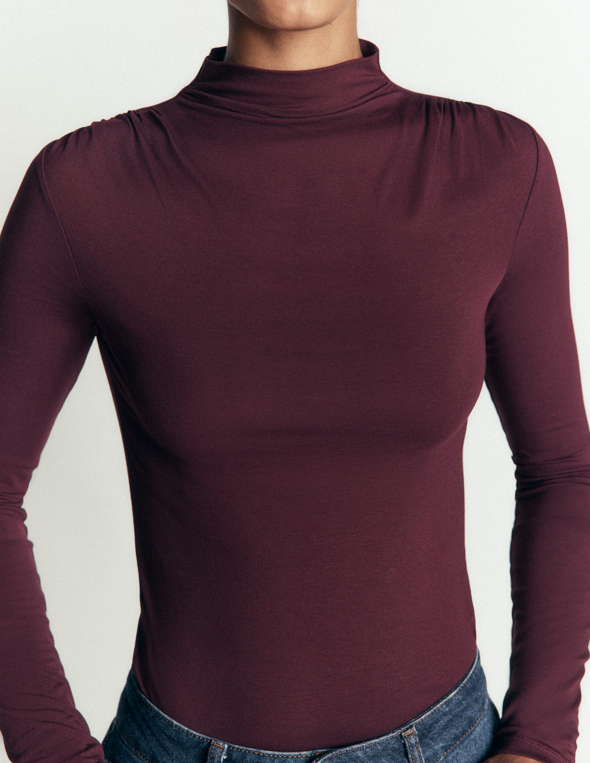 Ruched Neck Long Sleeve-Dark Cherry - Image 2