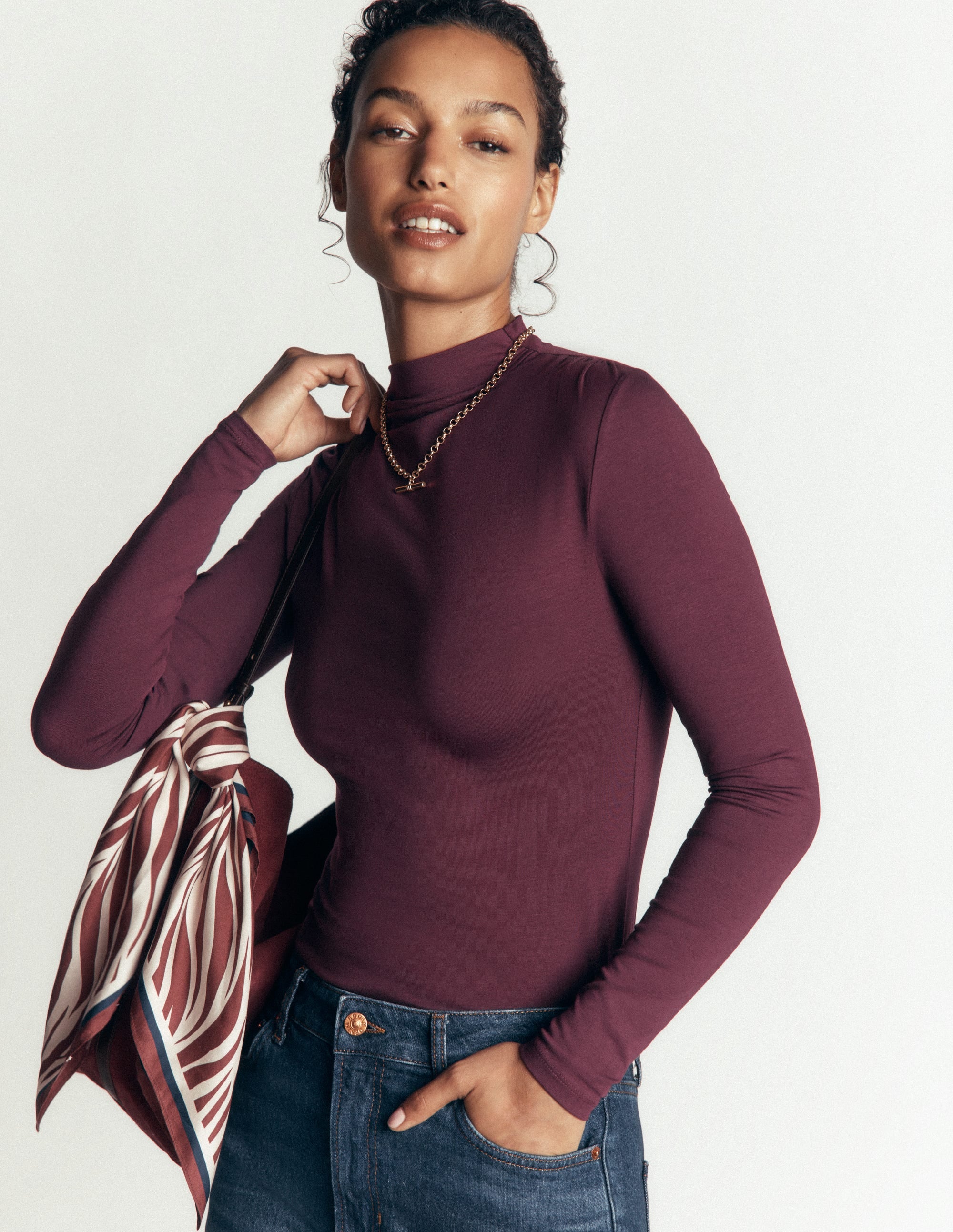 Ruched Neck Long Sleeve-Dark Cherry - Image 4